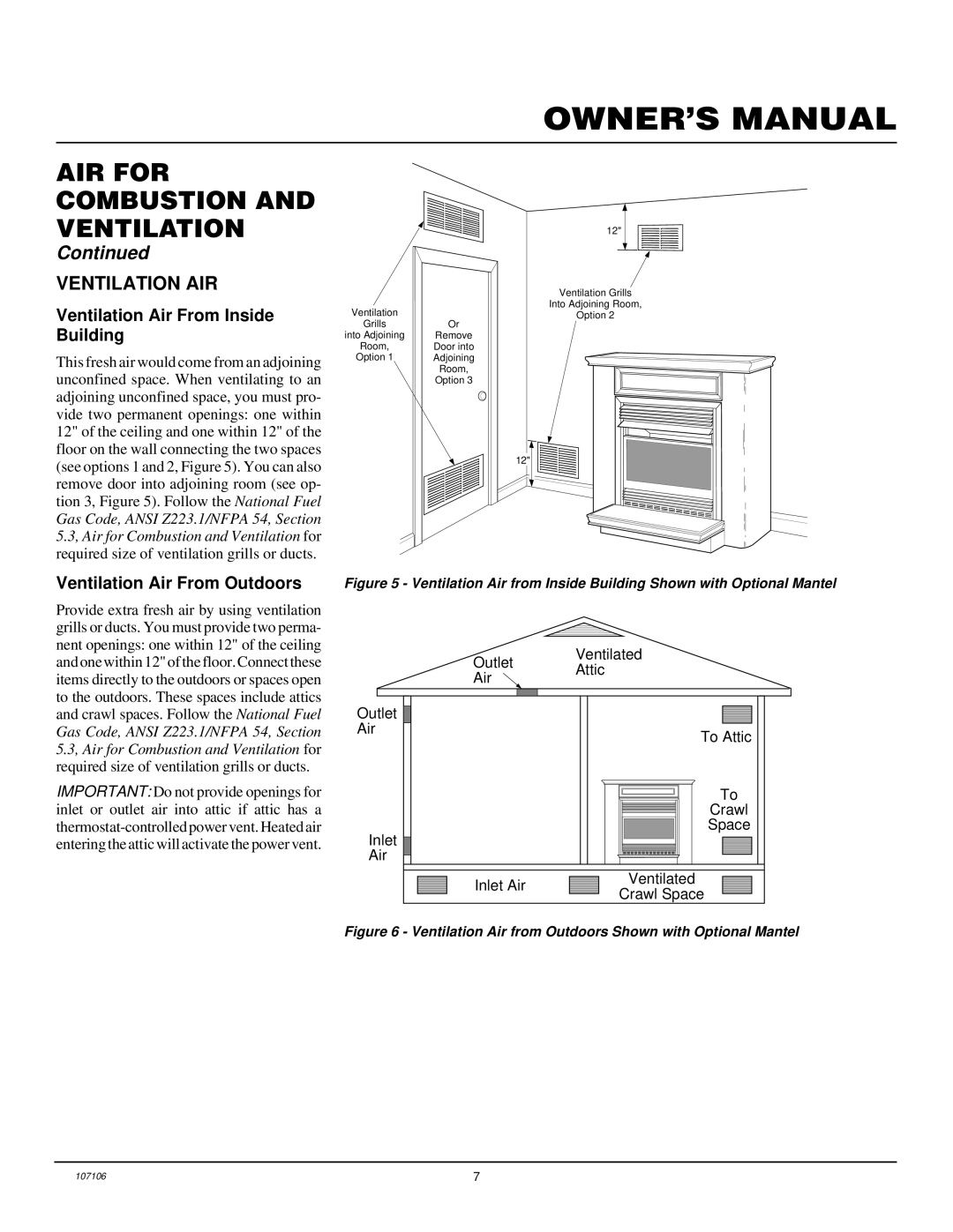 FMI FMH26TP installation manual Ventilation AIR, Ventilation Air From Inside Building, Ventilation Air From Outdoors 