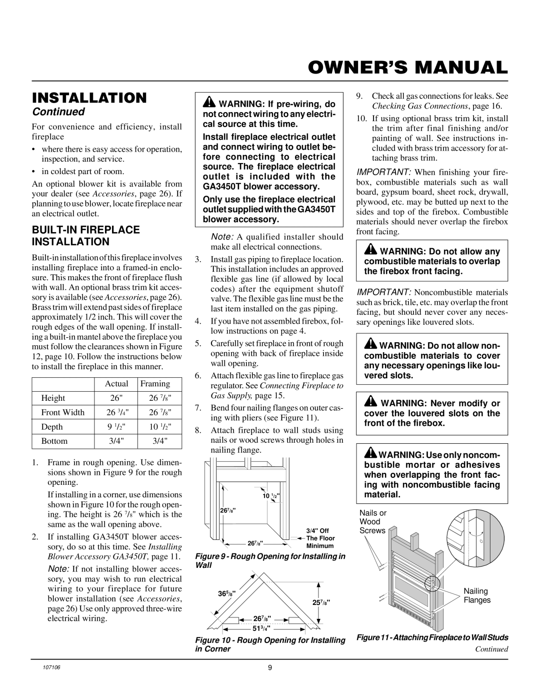 FMI FMH26TP installation manual BUILT-IN Fireplace Installation, Rough Opening for Installing in Wall 