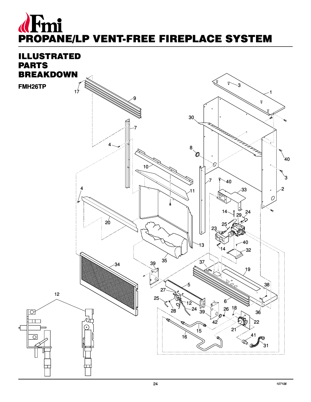 FMI FMH26TP installation manual Illustrated Parts Breakdown, Propane/Lp Vent-Freefireplace System 