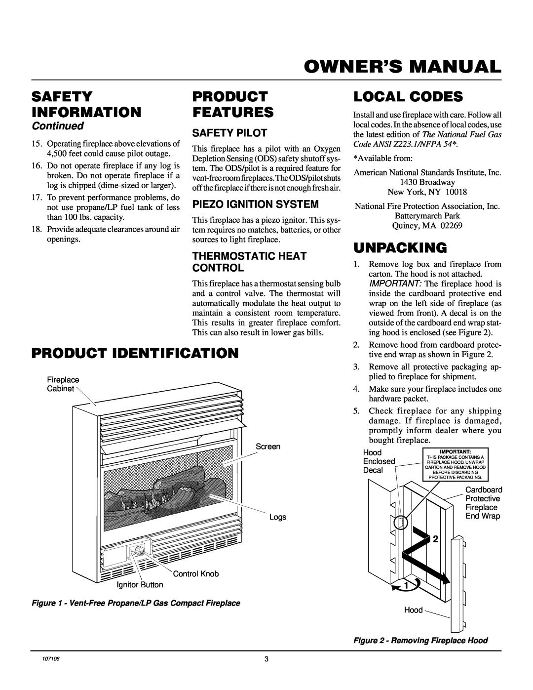 FMI FMH26TP Product Features, Local Codes, Product Identification, Unpacking, Continued, Safety Pilot, Safety Information 