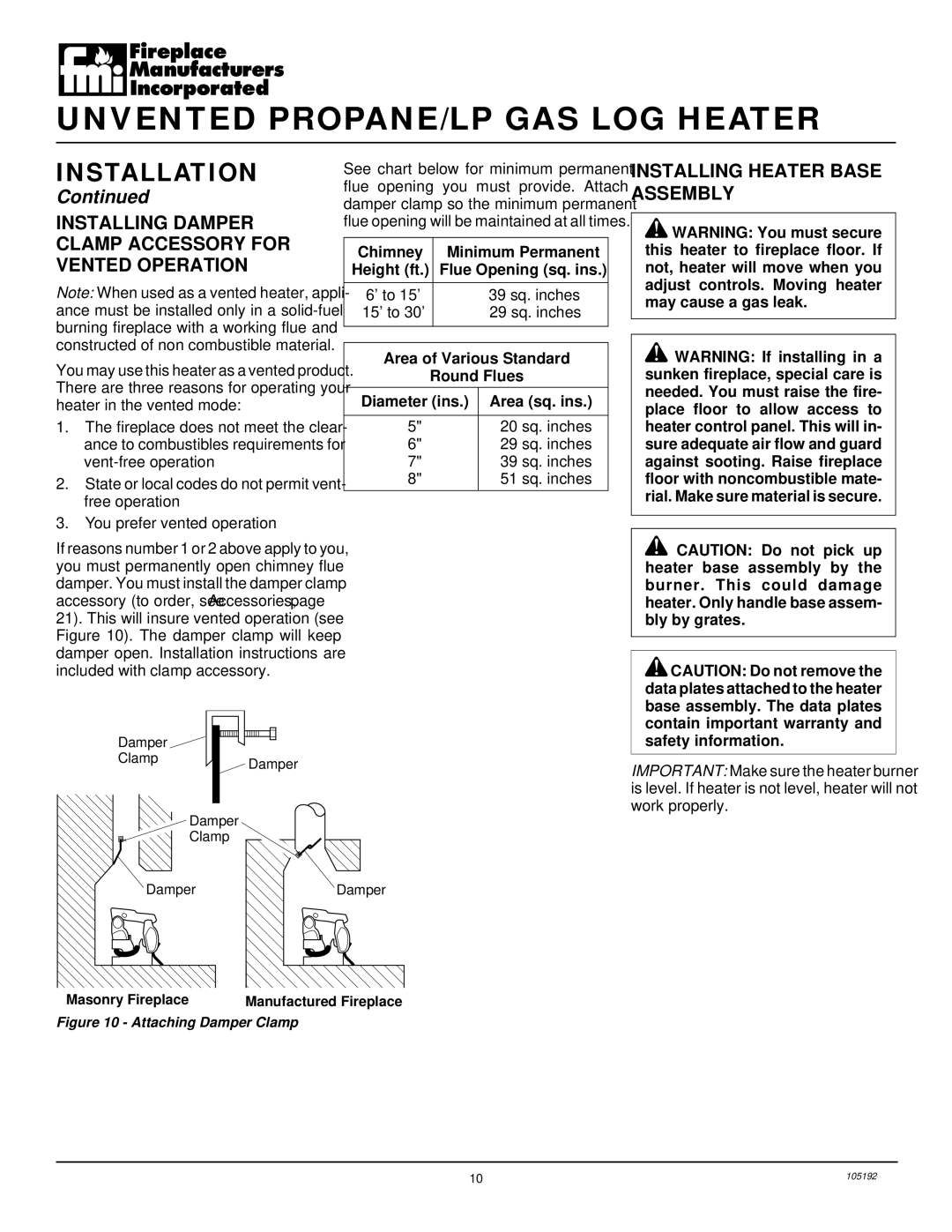 FMI FVF24P Installing Damper Clamp Accessory for Vented Operation, Installing Heater Base Assembly, Safety information 