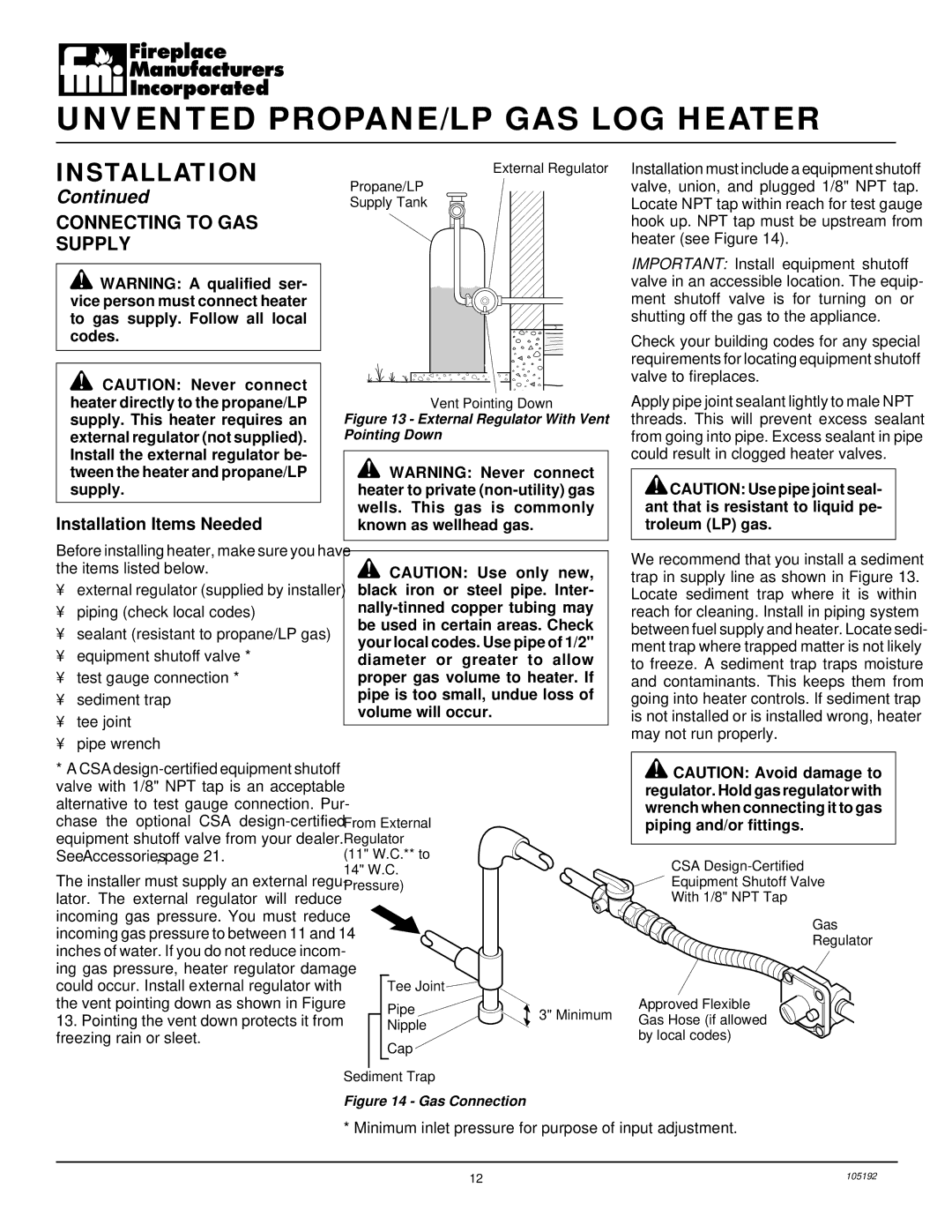 FMI FVF18P, FVF24P, FVF30P installation manual Connecting to GAS Supply, External Regulator With Vent Pointing Down 