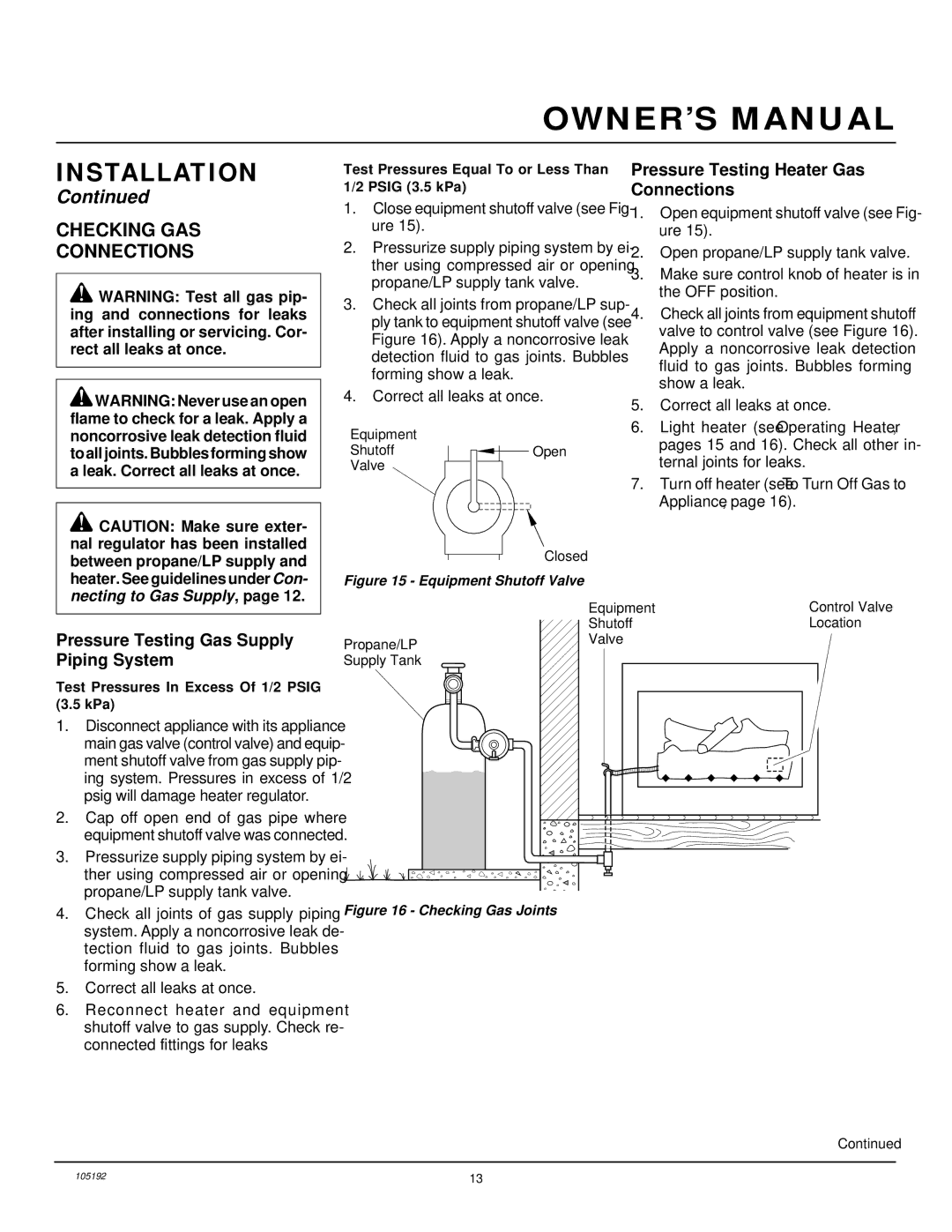 FMI FVF24P Checking GAS Connections, Pressure Testing Heater Gas Connections, Pressure Testing Gas Supply Piping System 