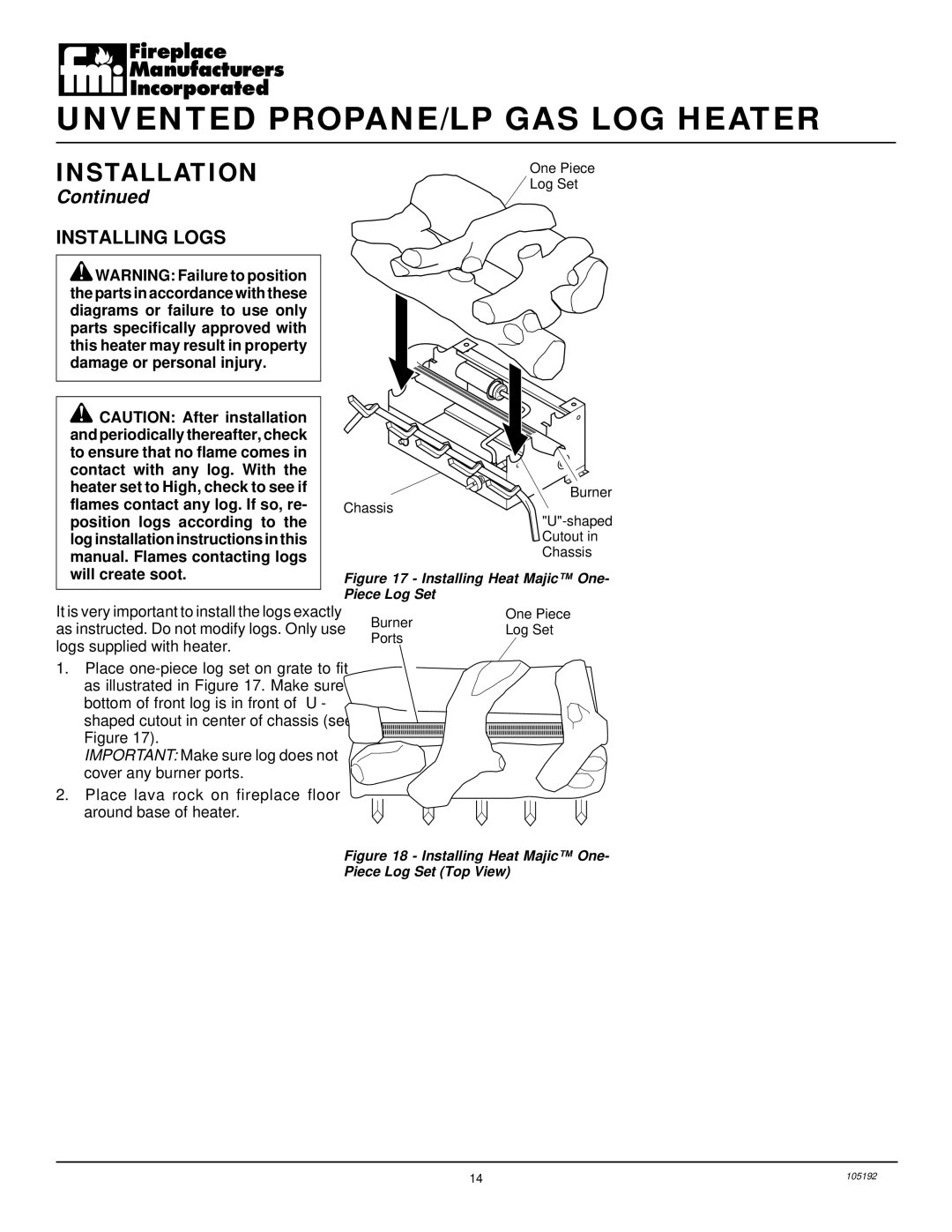 FMI FVF30P, FVF18P, FVF24P installation manual Installing Logs, Installing Heat Majic One- Piece Log Set 