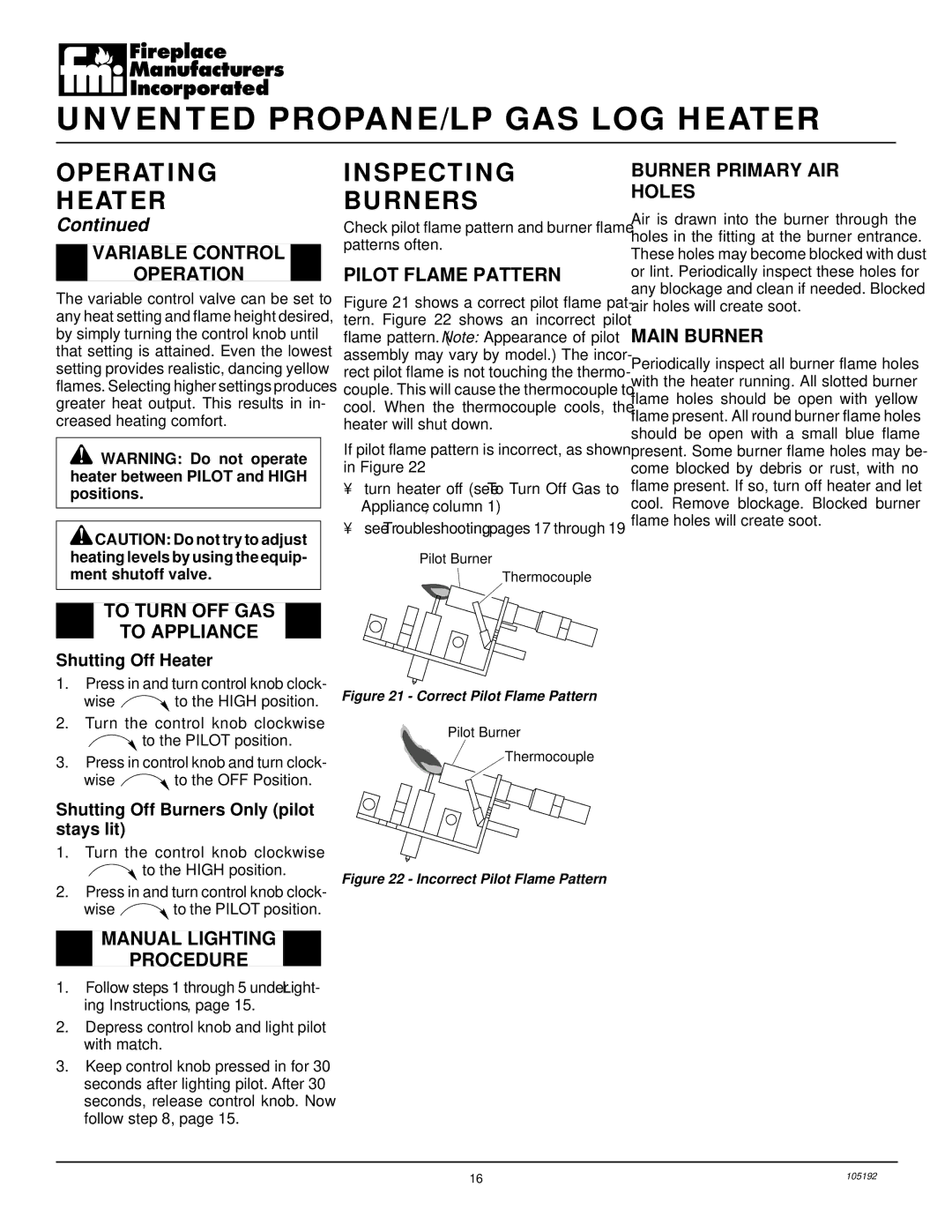 FMI FVF24P, FVF18P, FVF30P installation manual Inspecting Burners 