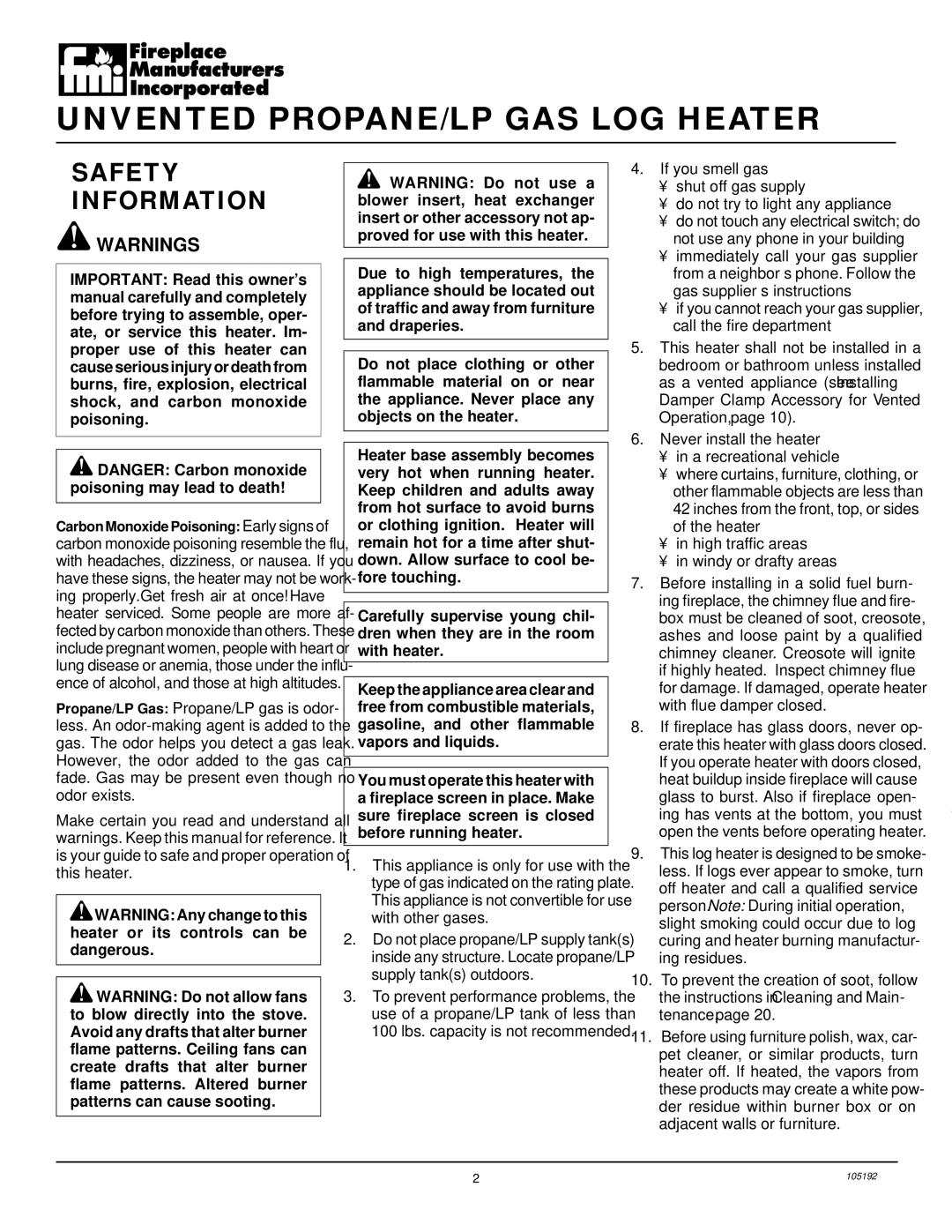 FMI FVF30P, FVF18P, FVF24P installation manual Unvented PROPANE/LP GAS LOG Heater, Safety Information 