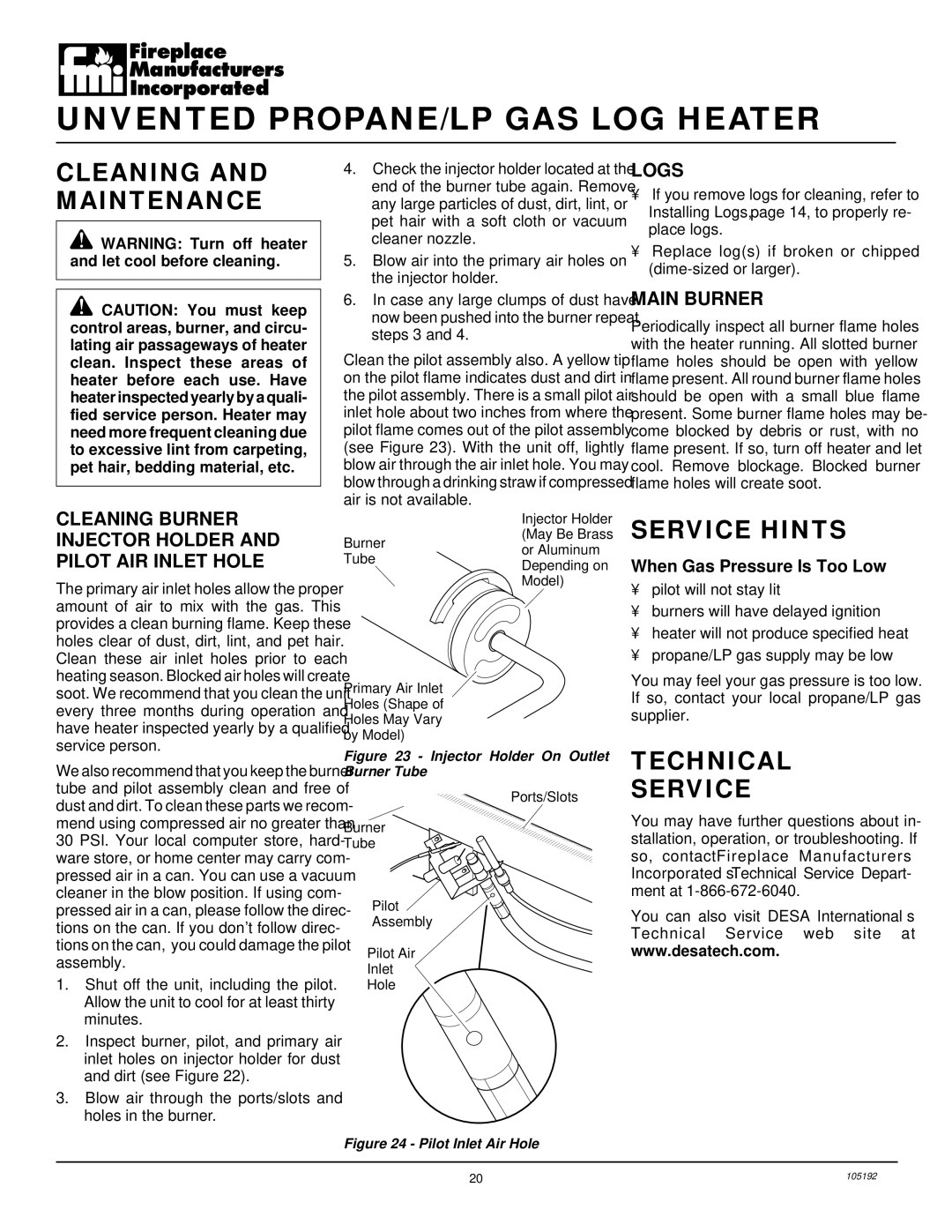 FMI FVF30P, FVF18P, FVF24P installation manual Cleaning and Maintenance, Service Hints, Technical Service, Logs 