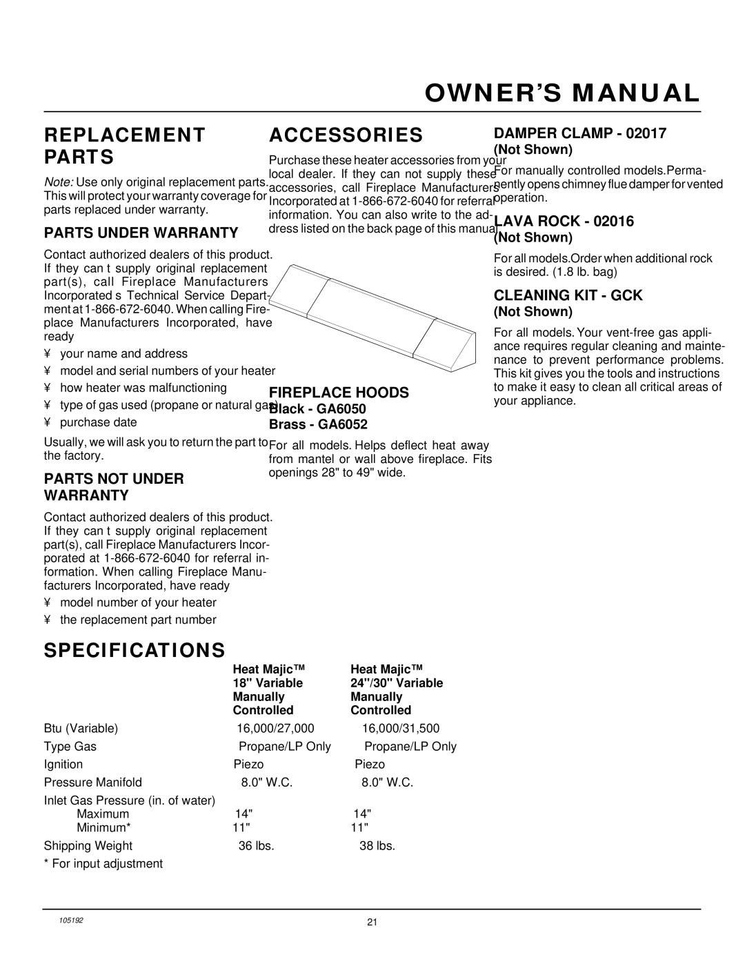 FMI FVF18P, FVF24P, FVF30P installation manual Replacement Parts, Accessories, Specifications 