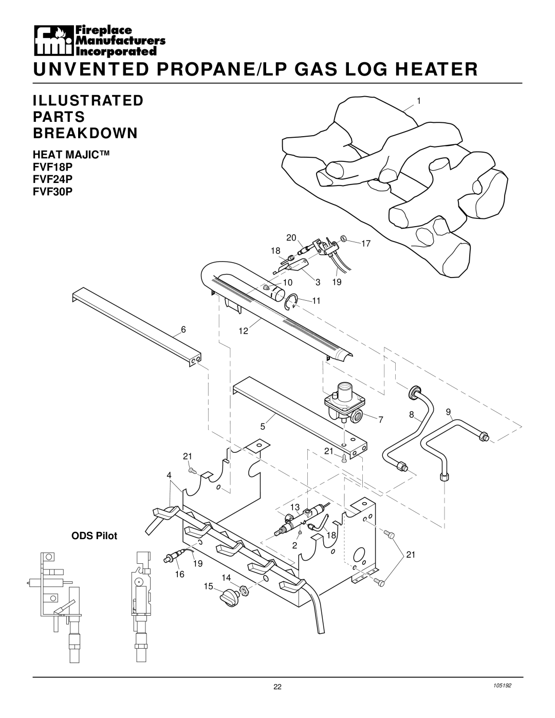 FMI installation manual Illustrated Parts Breakdown, Heat Majic FVF18P FVF24P FVF30P, ODS Pilot 