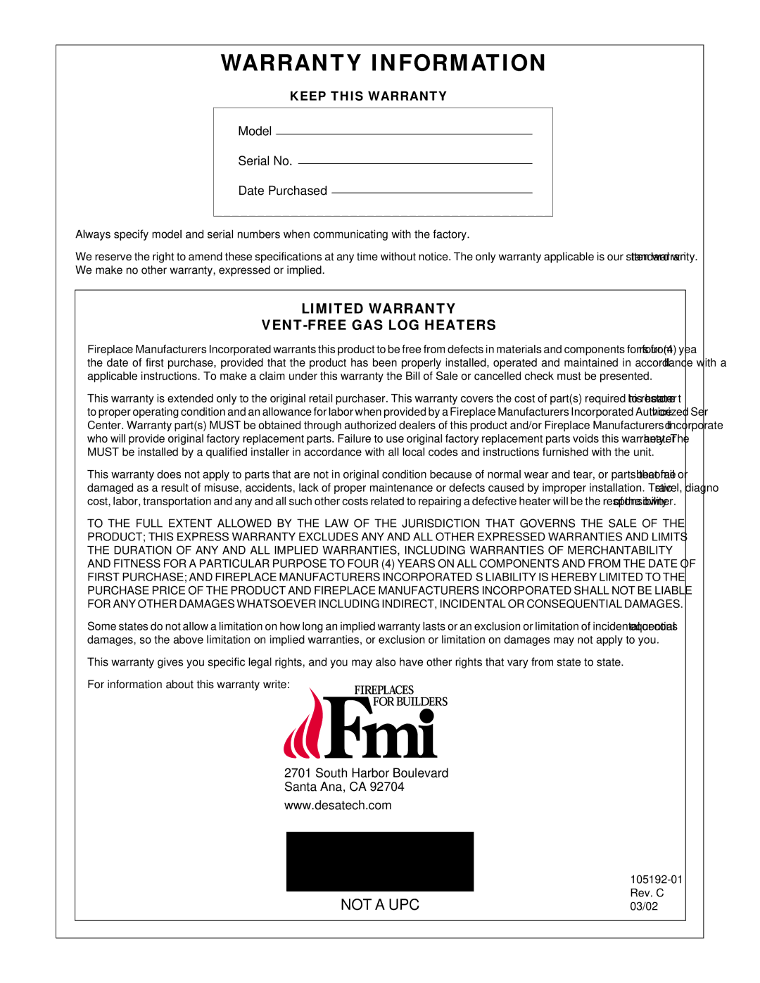 FMI FVF18P, FVF24P, FVF30P installation manual Warranty Information 