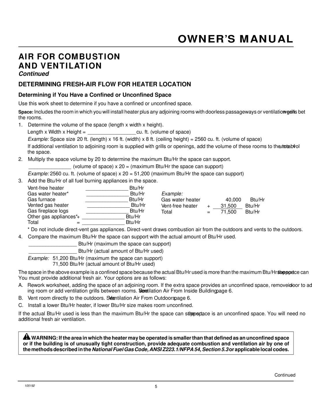 FMI FVF30P, FVF18P, FVF24P installation manual AIR for Combustion Ventilation, Determining FRESH-AIR Flow for Heater Location 