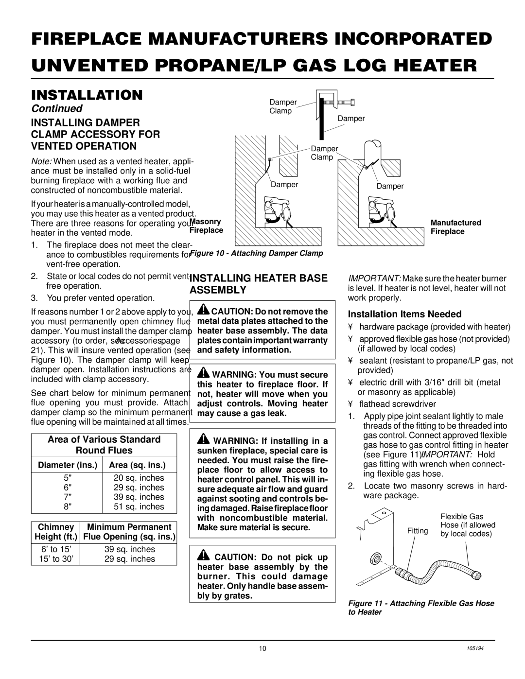 FMI FVF18PW, FVF24PW, FVF30PW Installing Damper Clamp Accessory for Vented Operation, Installing Heater Base Assembly 