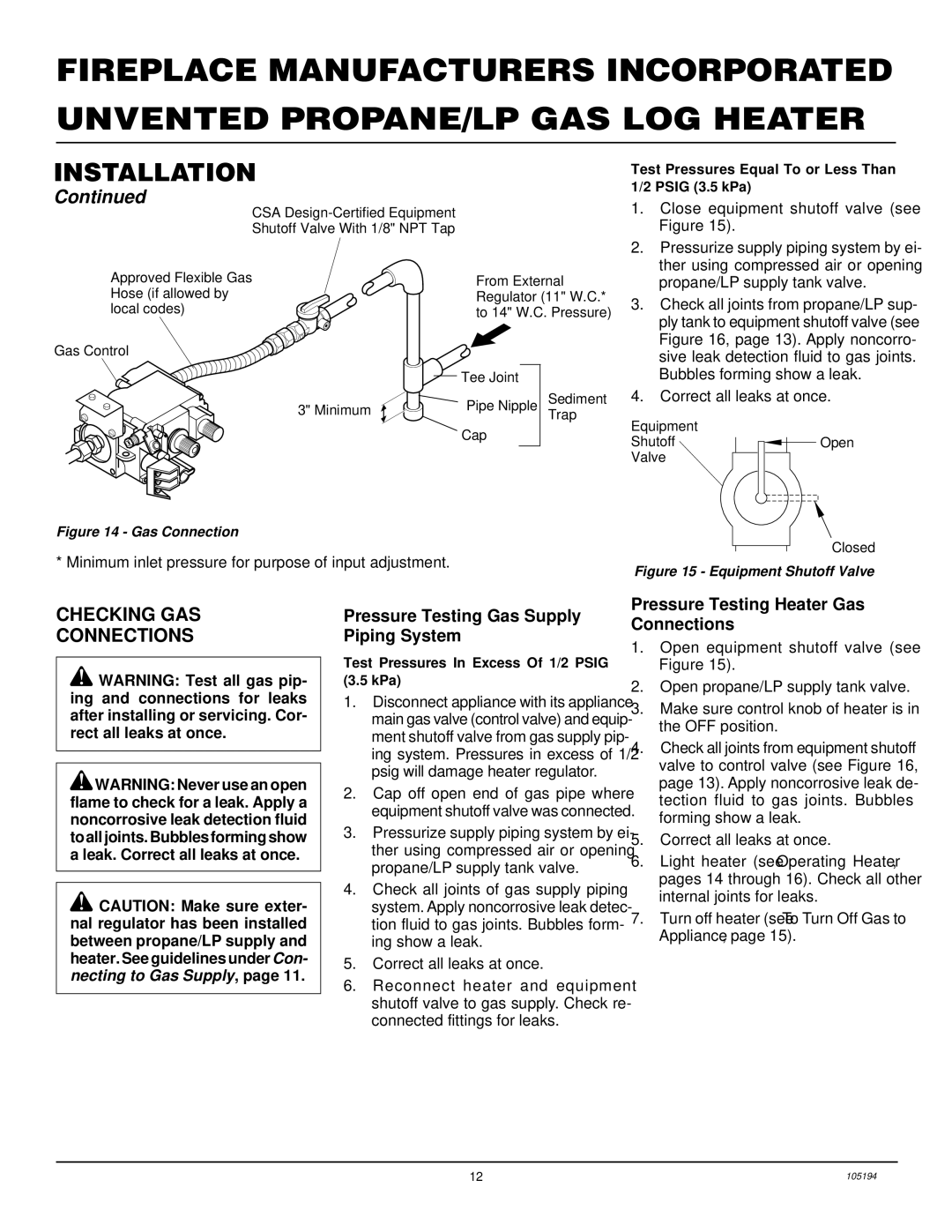 FMI FVF24PW Checking GAS Connections, Pressure Testing Gas Supply Piping System, Pressure Testing Heater Gas Connections 