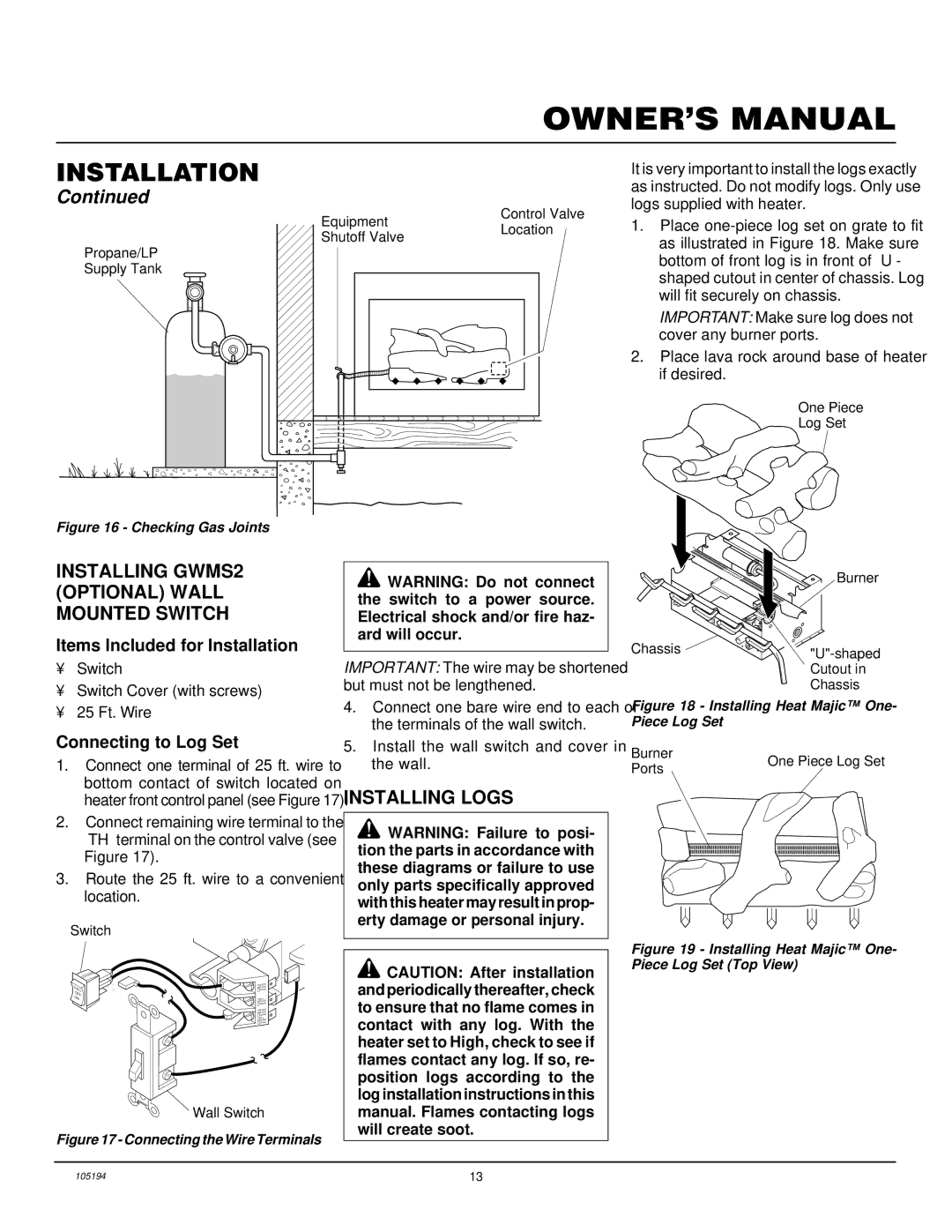 FMI FVF18PW, FVF24PW Installing GWMS2 Optional Wall Mounted Switch, Installing Logs, Items Included for Installation 