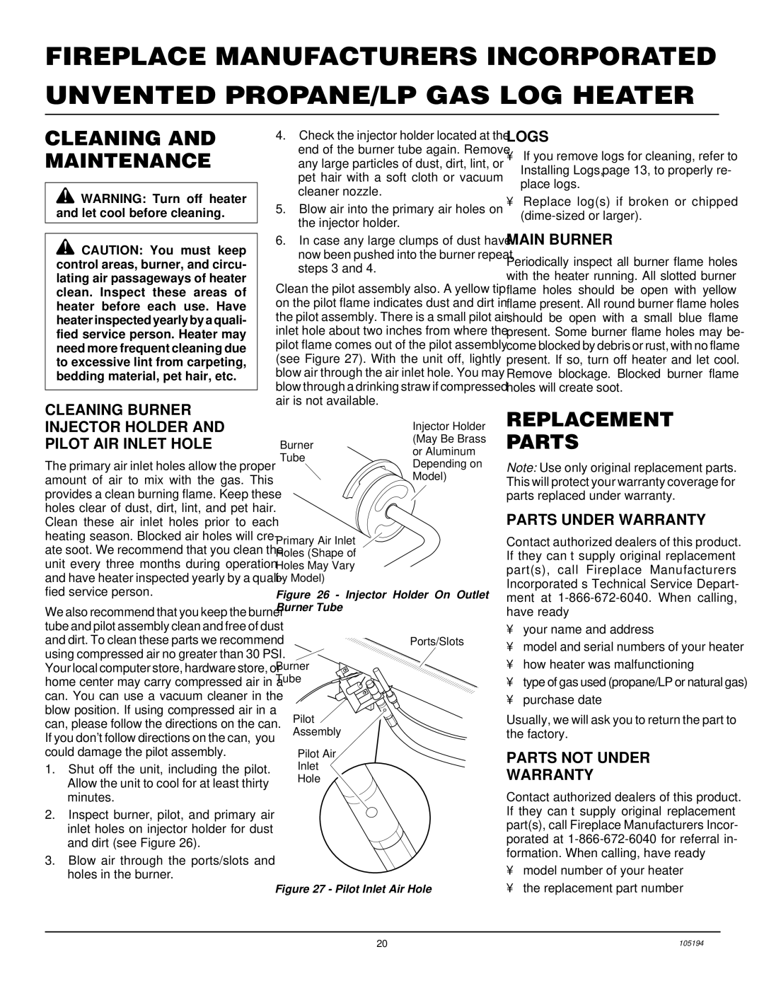 FMI FVF30PW, FVF24PW, FVF18PW installation manual Cleaning and Maintenance, Replacement Parts 