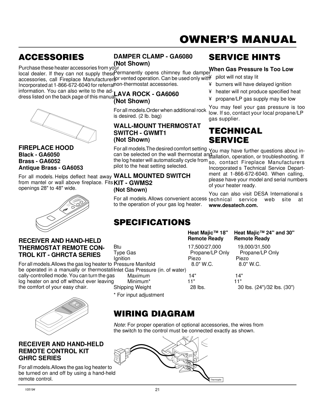 FMI FVF24PW, FVF18PW, FVF30PW Accessories, Service Hints, Technical Service, Specifications, Wiring Diagram 