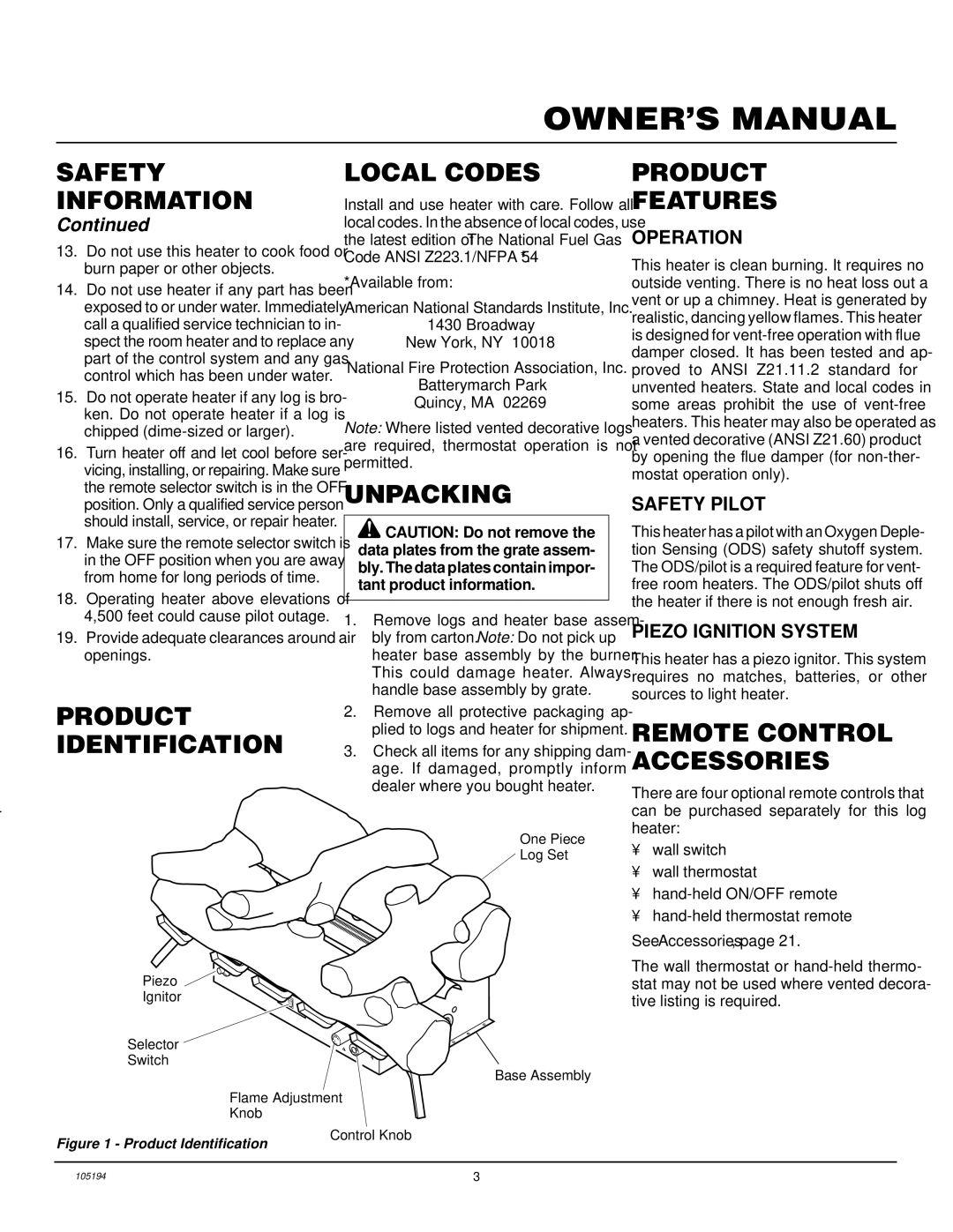 FMI FVF24PW, FVF18PW, FVF30PW Local Codes, Unpacking, Product Features, Identification, Remote Control Accessories 