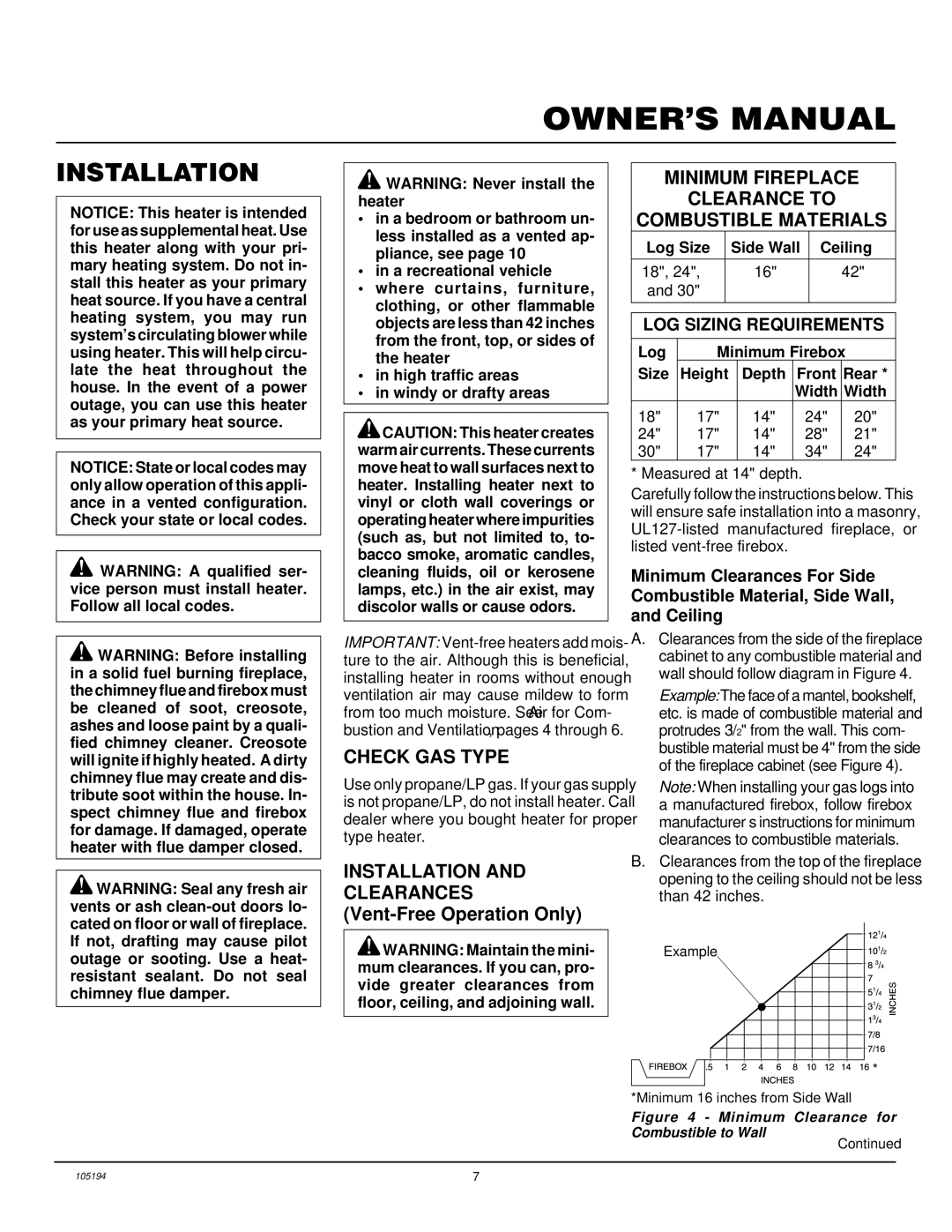 FMI FVF18PW Installation, Check GAS Type, Minimum Fireplace Clearance to Combustible Materials, LOG Sizing Requirements 