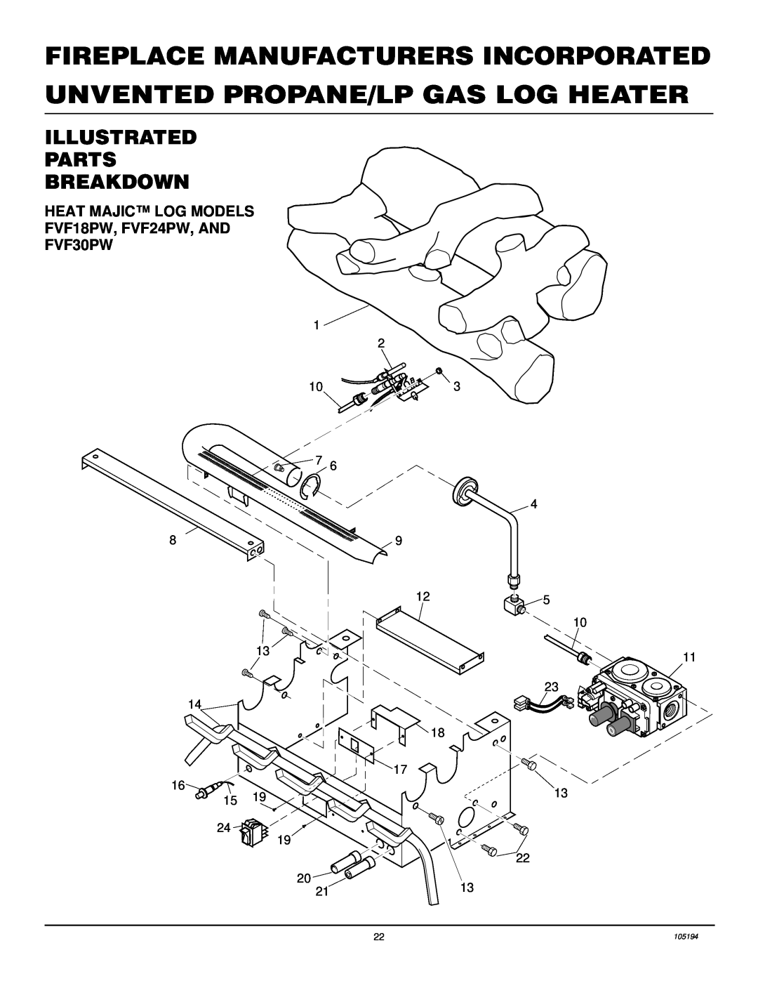 FMI installation manual Illustrated Parts Breakdown, HEAT MAJIC LOG MODELS FVF18PW, FVF24PW, AND FVF30PW, 105194, To L P 