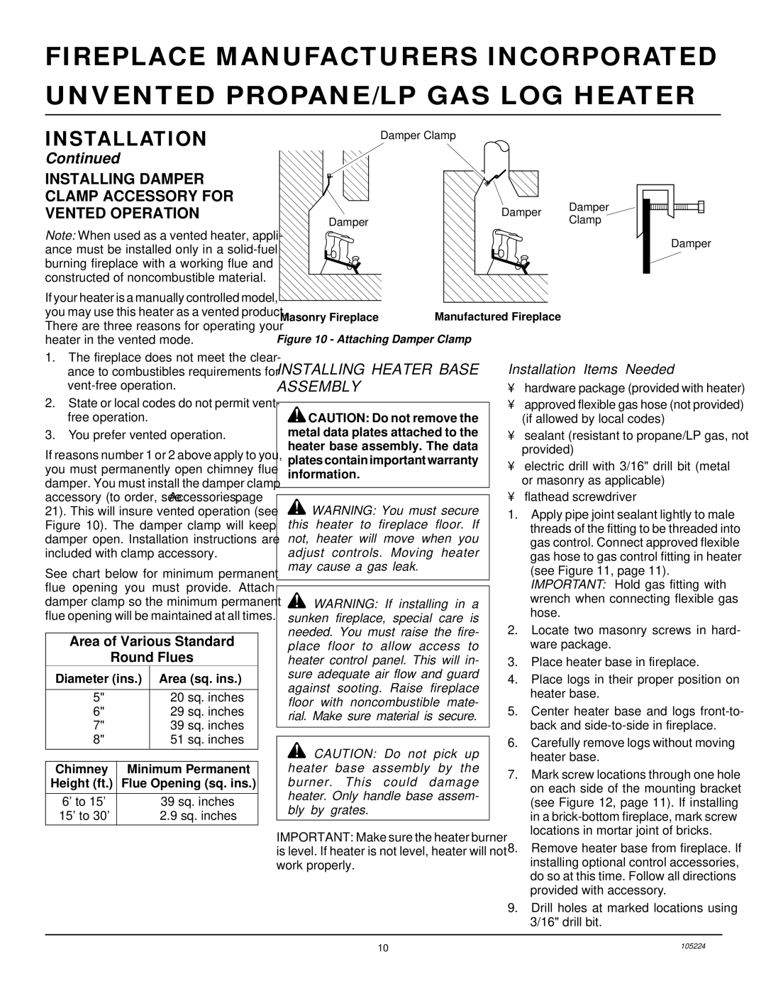 FMI FVFM27PR installation manual Installing Damper Clamp Accessory for Vented Operation, Installing Heater Base Assembly 