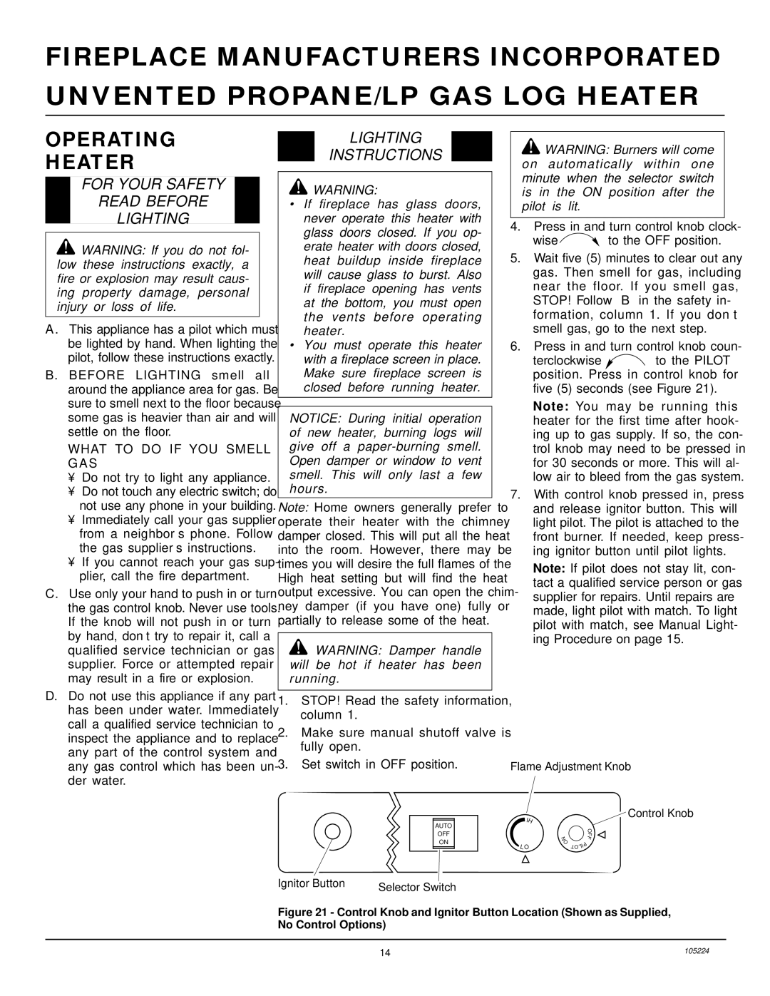 FMI FVFM27PR installation manual Operating Heater, For Your Safety Read Before Lighting, Lighting Instructions 