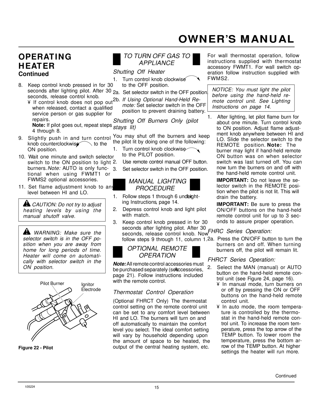 FMI FVFM27PR installation manual To Turn OFF GAS to Appliance, Manual Lighting Procedure, Optional Remote Operation 