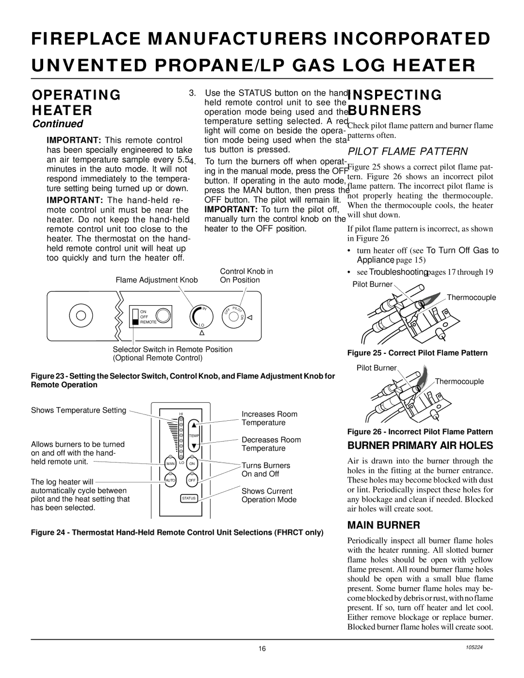 FMI FVFM27PR installation manual Inspecting Burners, Pilot Flame Pattern, Burner Primary AIR Holes, Main Burner 