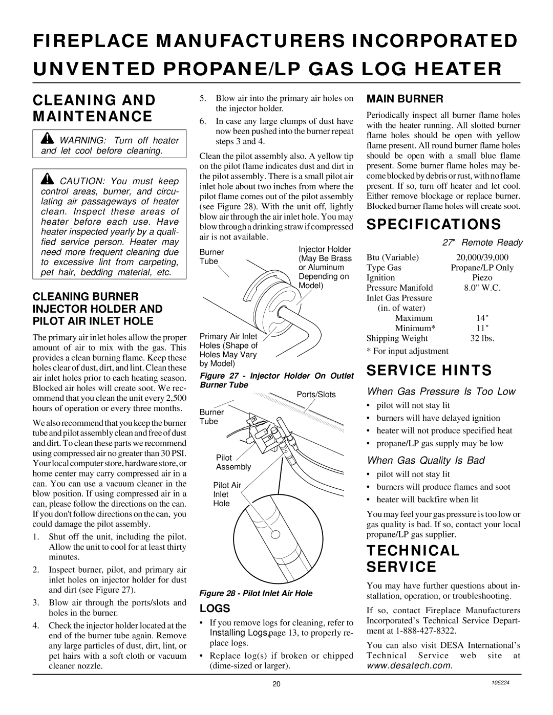 FMI FVFM27PR installation manual Cleaning and Maintenance, Specifications, Service Hints, Technical Service 