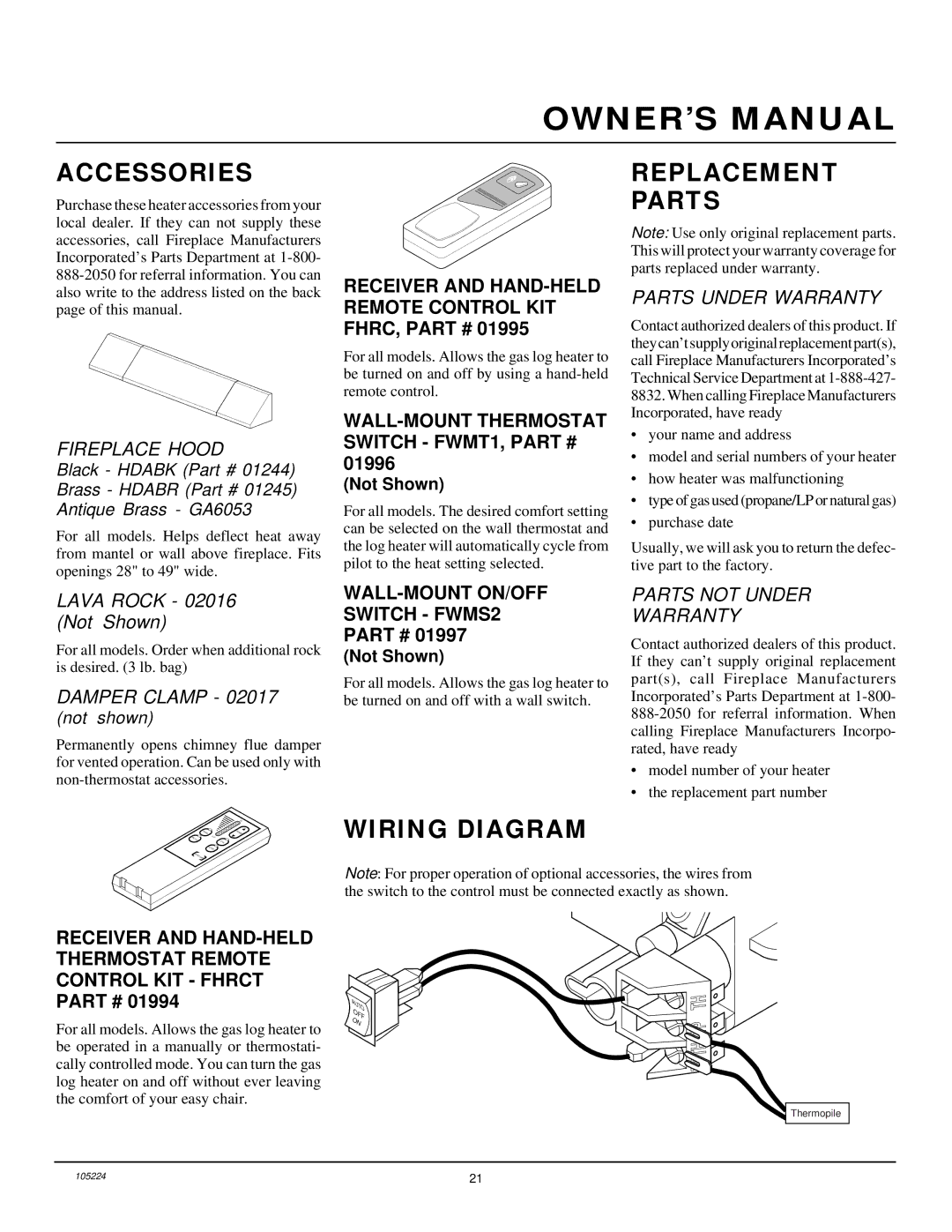 FMI FVFM27PR installation manual Accessories, Replacement Parts, Wiring Diagram 