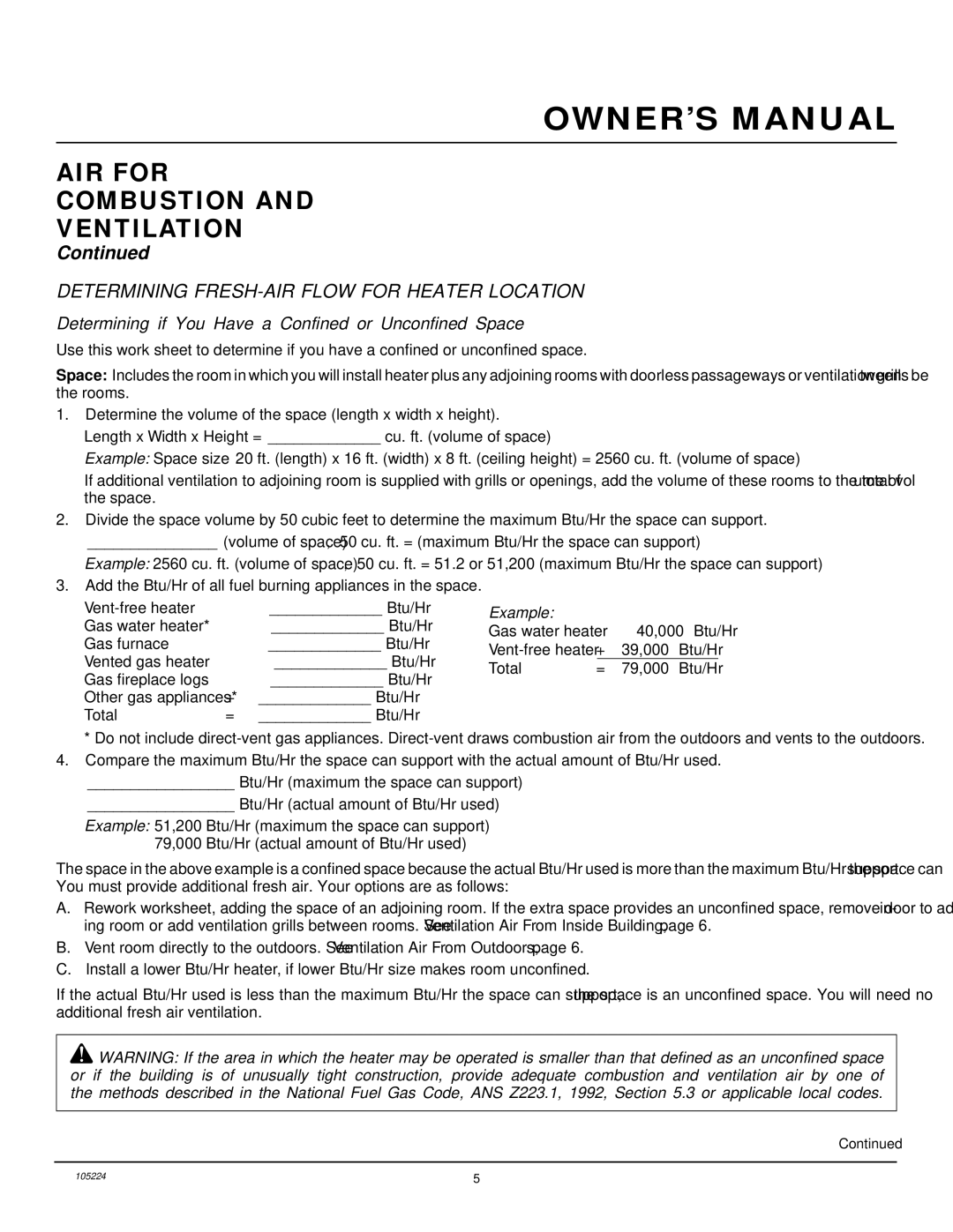 FMI FVFM27PR installation manual AIR for Combustion Ventilation, Determining FRESH-AIR Flow for Heater Location, Example 