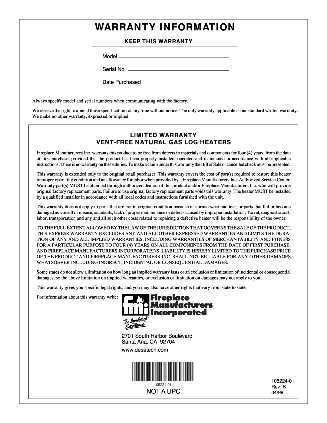 FMI FVFM27PR installation manual Warranty Information, Not A Upc, Keep This Warranty 