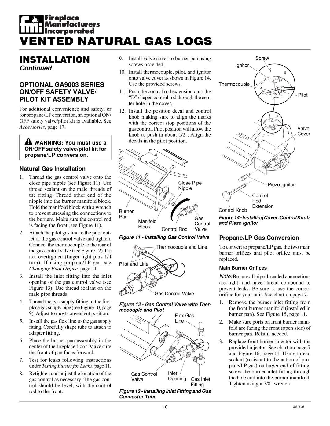 FMI FVTR18, FVTR24 installation manual Natural Gas Installation, Propane/LP Gas Conversion 