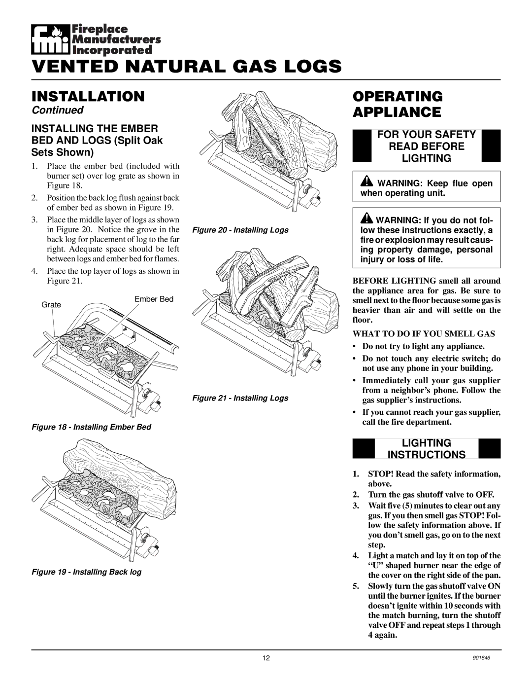 FMI FVTR18, FVTR24 Operating Appliance, Installing the Ember, For Your Safety Read Before Lighting, Lighting Instructions 