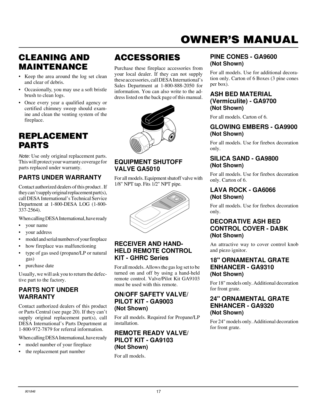 FMI FVTR24, FVTR18 installation manual Cleaning and Maintenance, Replacement Parts, Accessories 