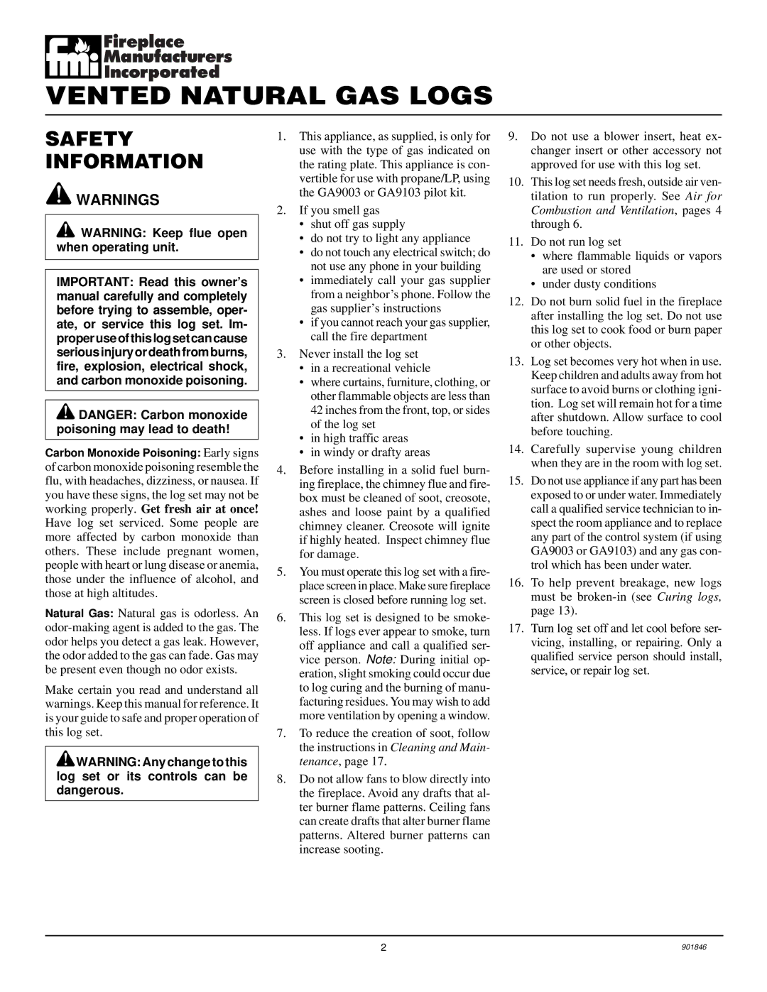 FMI FVTR18, FVTR24 installation manual Vented Natural GAS Logs, Safety Information 