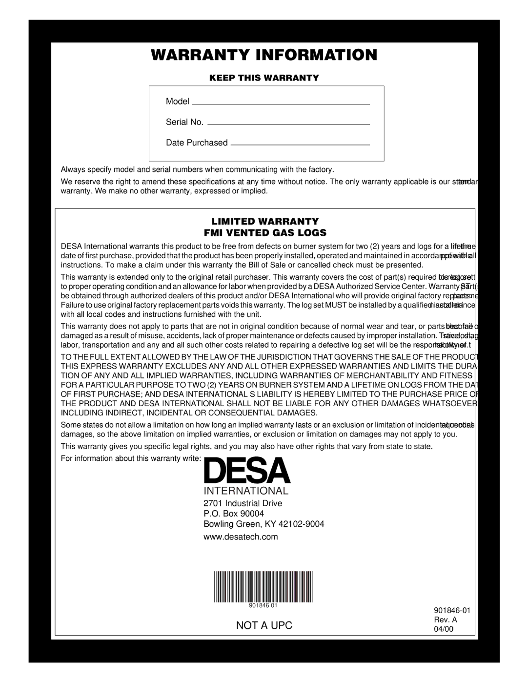 FMI FVTR18, FVTR24 installation manual Warranty Information, International 