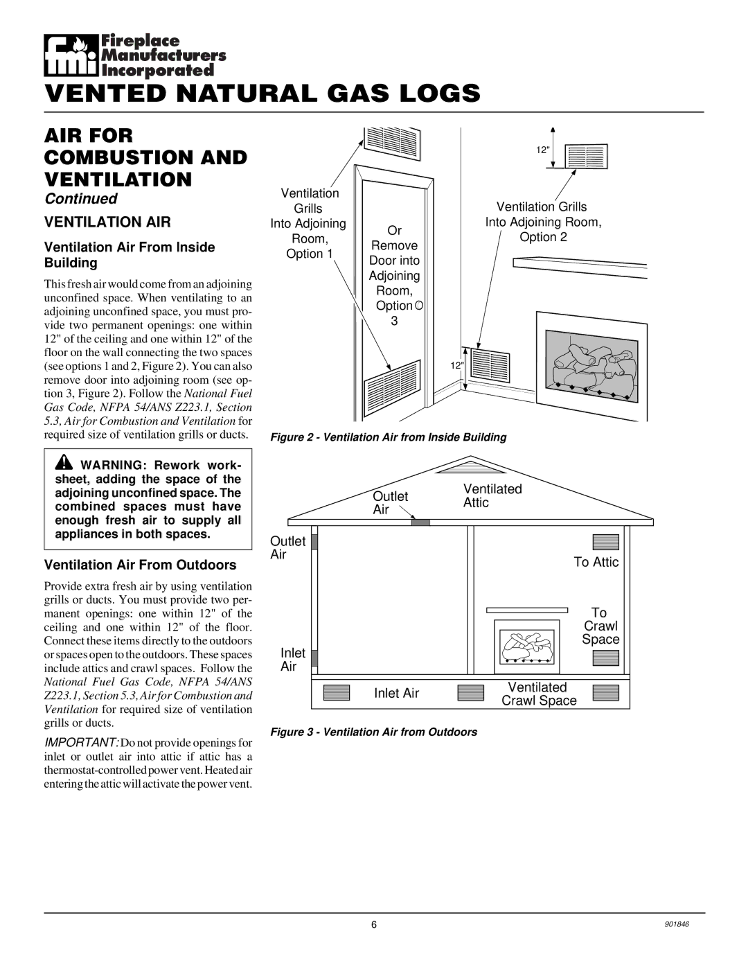 FMI FVTR18, FVTR24 installation manual Ventilation AIR, Ventilation Air From Inside, Building, Ventilation Air From Outdoors 