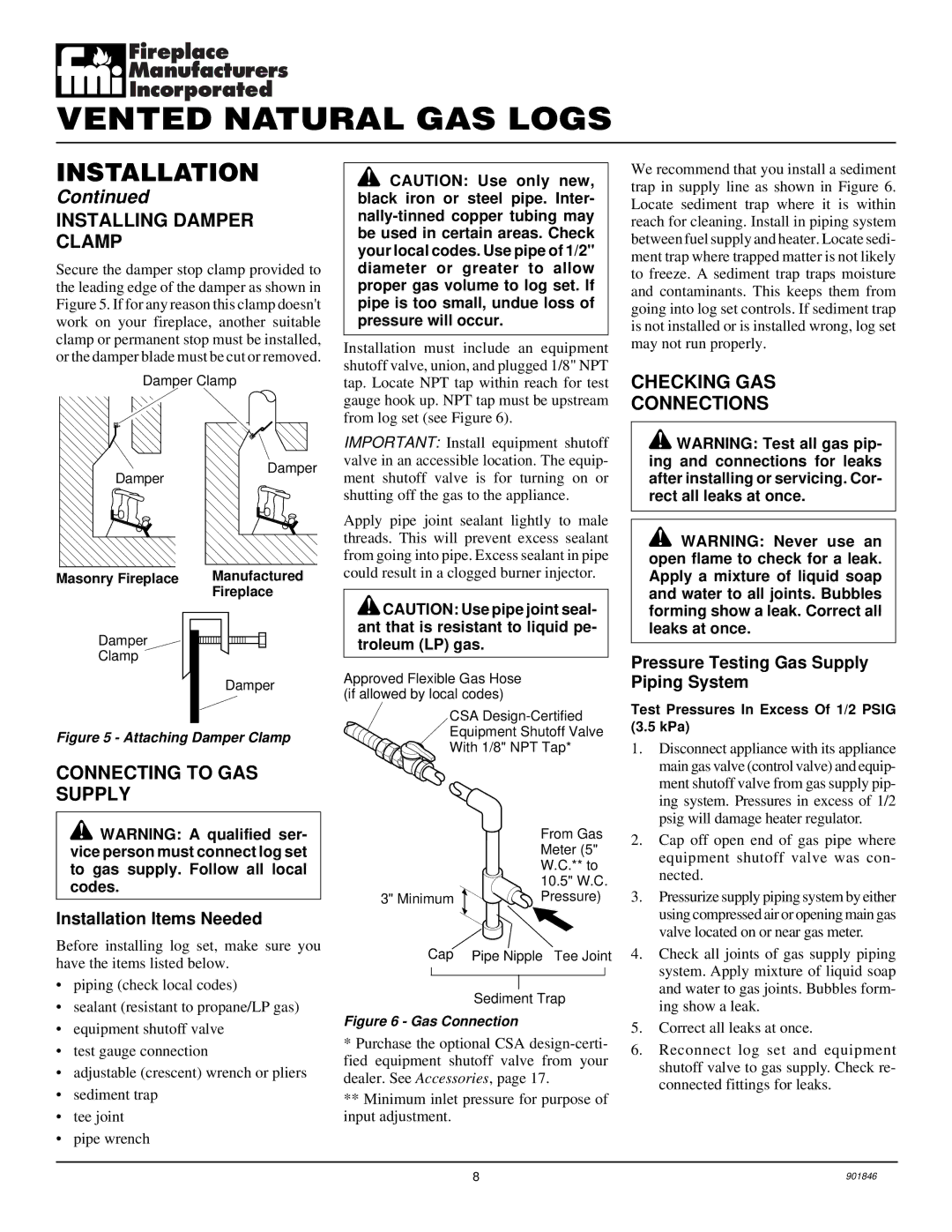 FMI FVTR18, FVTR24 Installing Damper Clamp, Connecting to GAS Supply, Checking GAS Connections, Installation Items Needed 