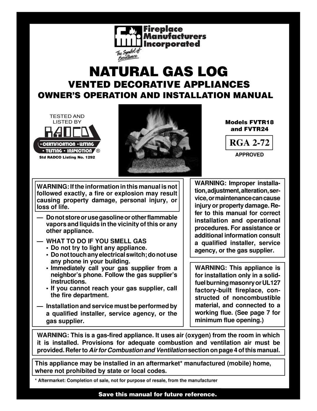 FMI FVTR24 installation manual Vented Decorative Appliances, Owner’S Operation And Installation Manual, Natural Gas Log 