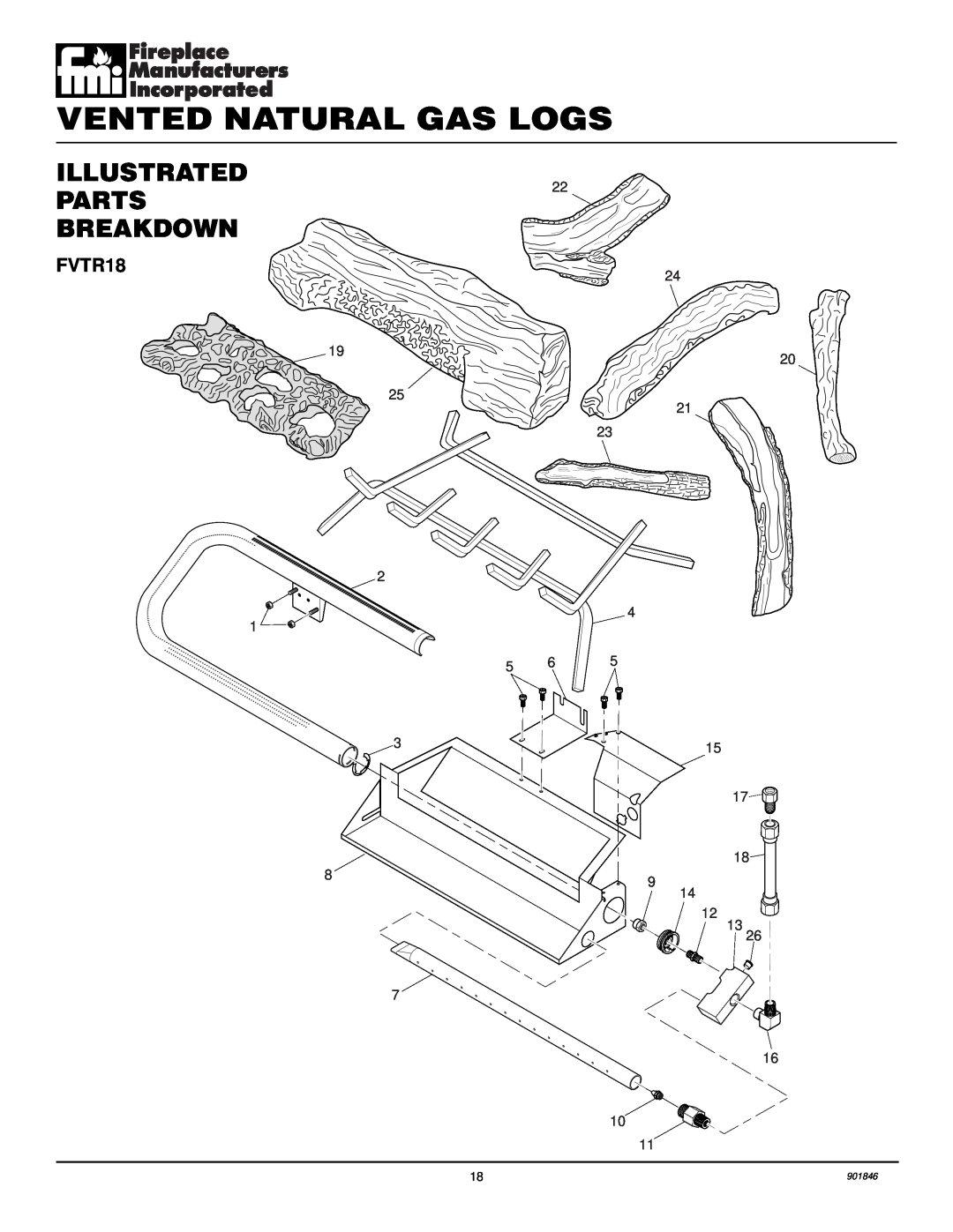 FMI FVTR18, FVTR24 installation manual Illustrated Parts Breakdown, Vented Natural Gas Logs, 901846 