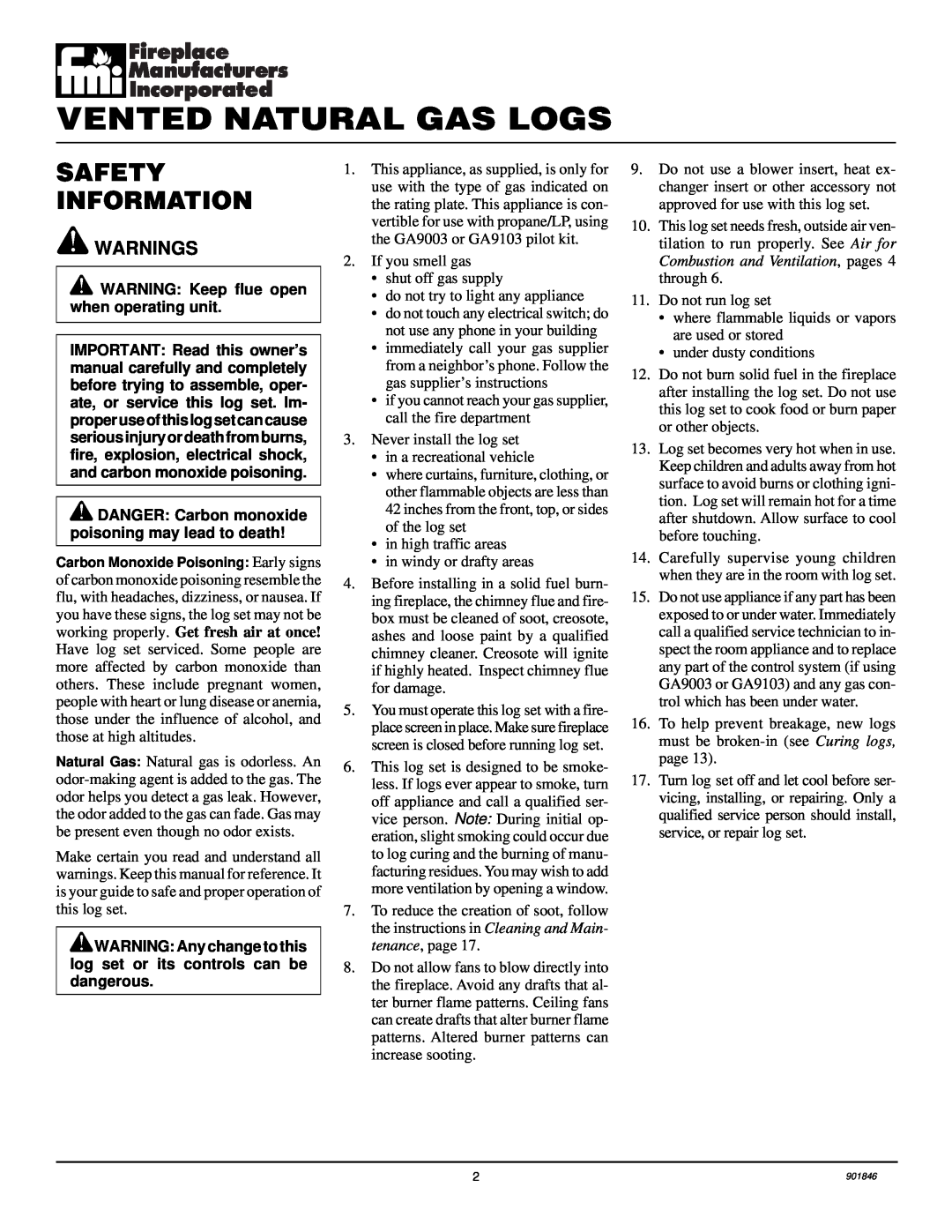 FMI FVTR18, FVTR24 installation manual Vented Natural Gas Logs, Safety Information 