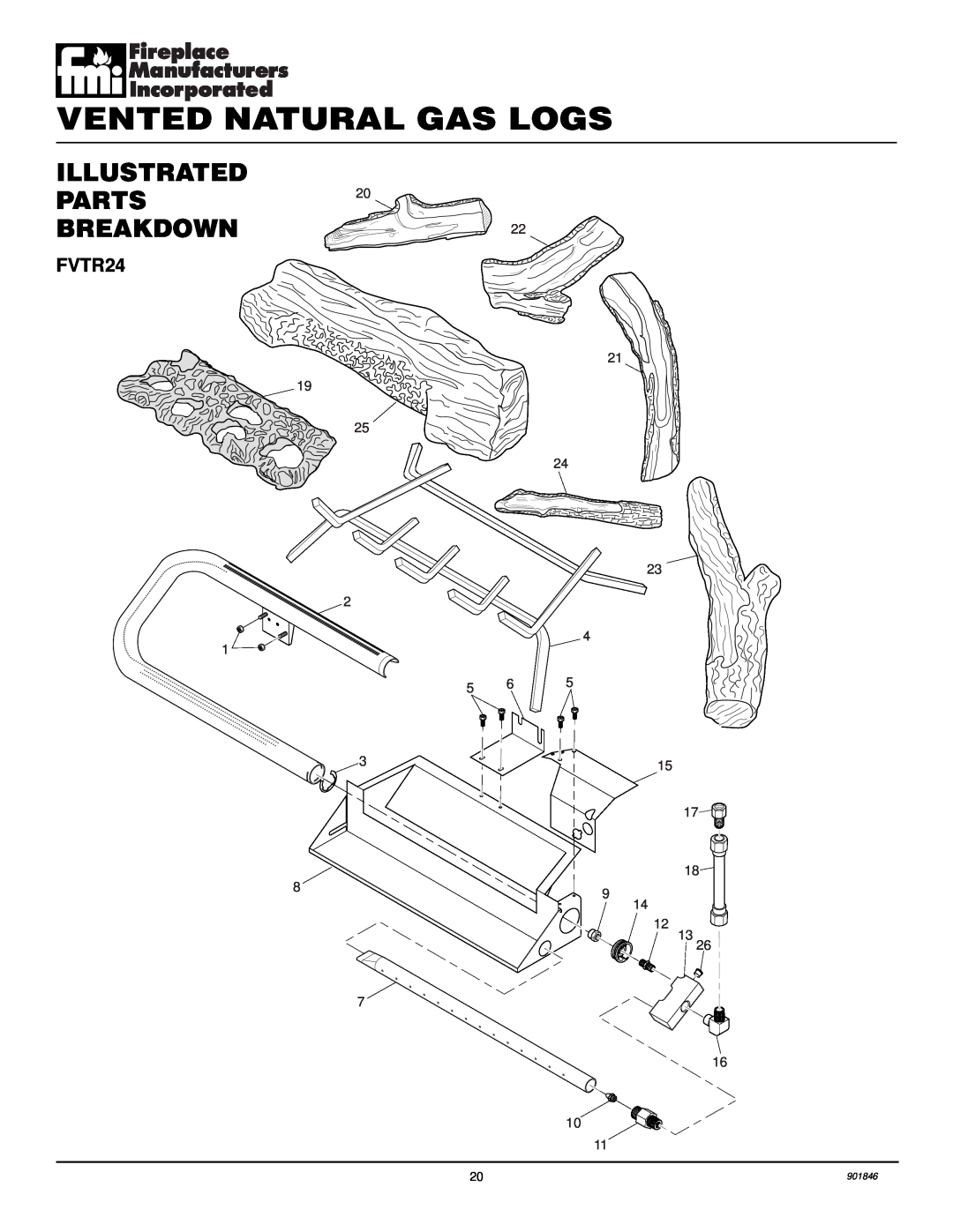 FMI FVTR18 installation manual ILLUSTRATED PARTS20 BREAKDOWN, Vented Natural Gas Logs, FVTR24, 901846 