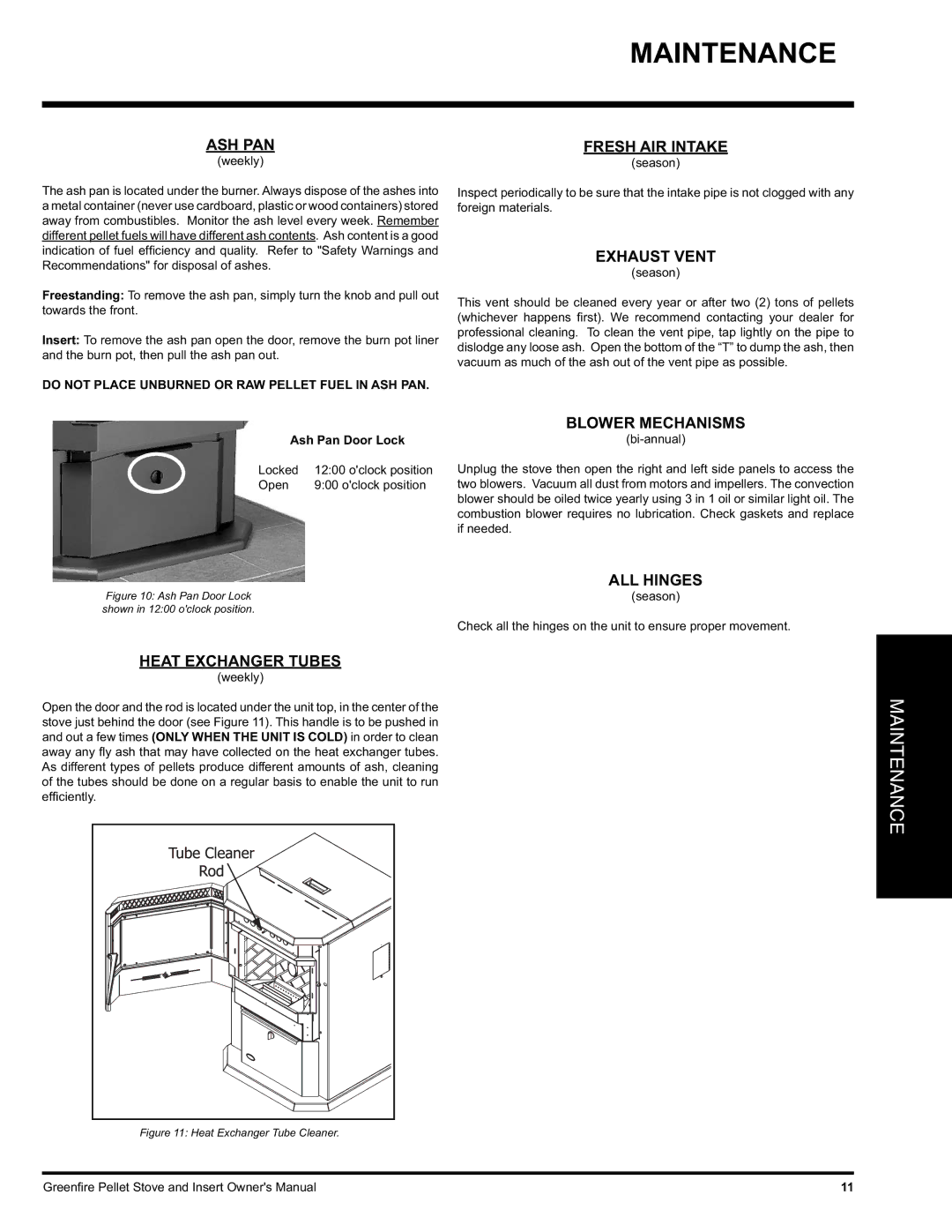 FMI GFI55, GF55 owner manual Ash Pan, Heat Exchanger Tubes, Fresh AIR Intake, Exhaust Vent, Blower Mechanisms, ALL Hinges 