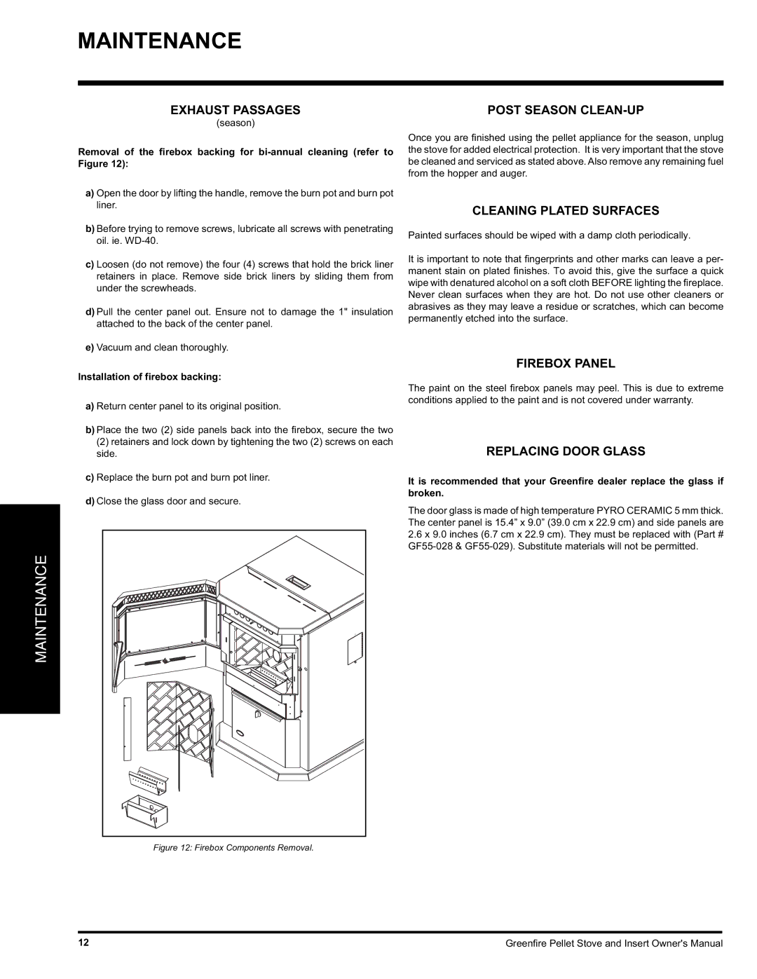 FMI GF55, GFI55 Exhaust Passages Post Season CLEAN-UP, Cleaning Plated Surfaces, Firebox Panel, Replacing Door Glass 