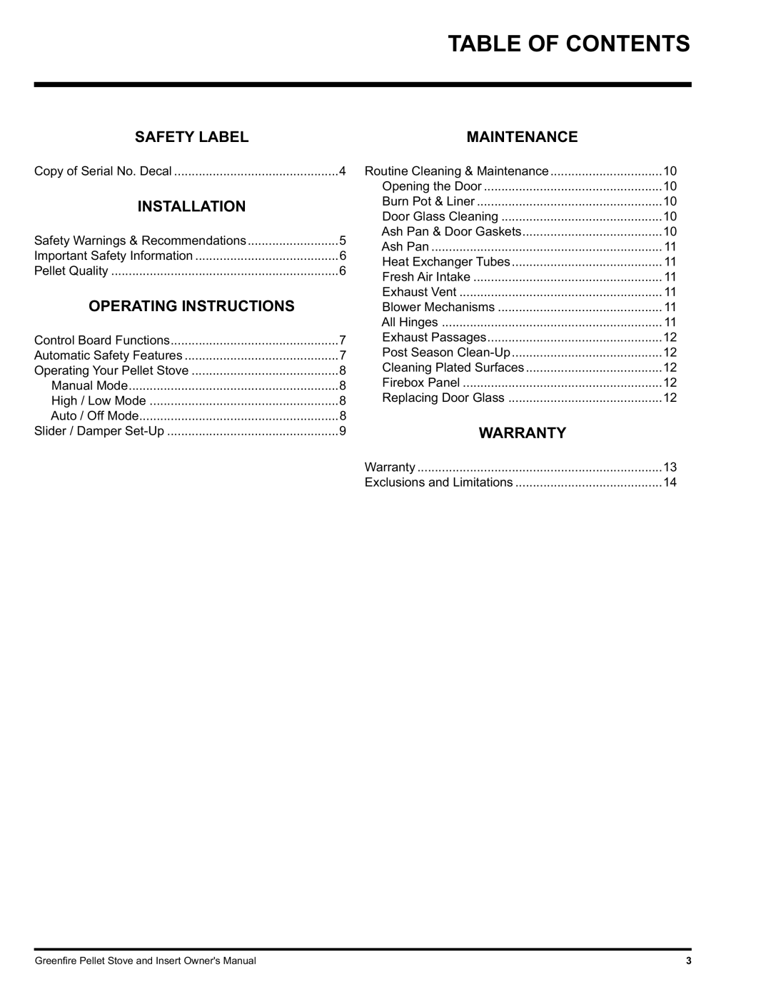 FMI GFI55, GF55 owner manual Table of Contents 