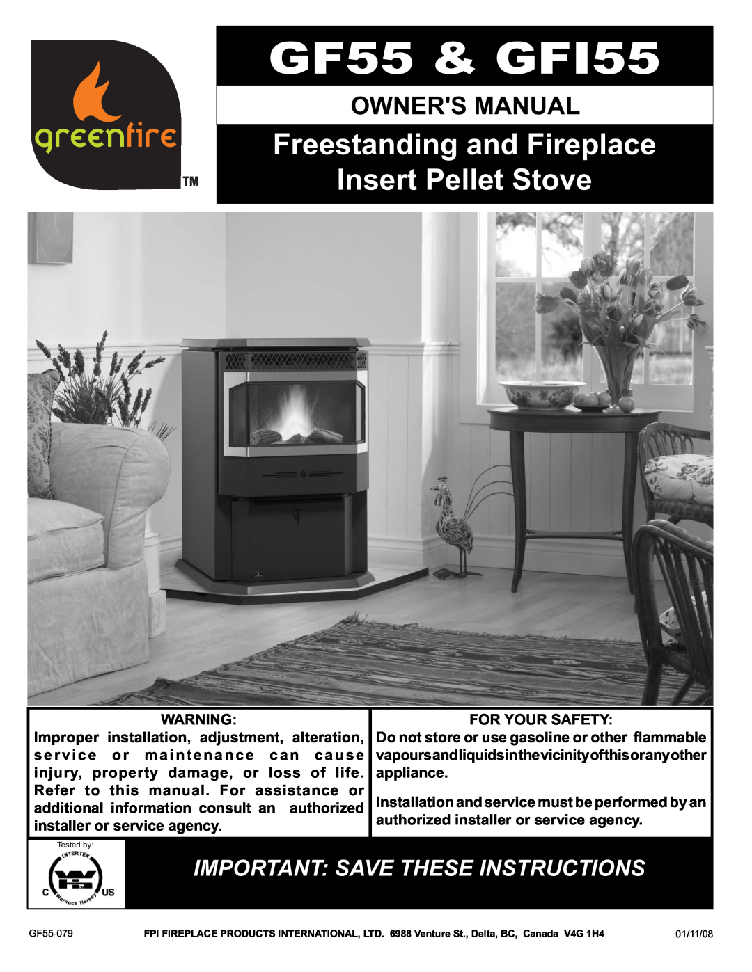 FMI owner manual GF55 & GFI55, Freestanding and Fireplace Insert Pellet Stove, Important Save These Instructions 