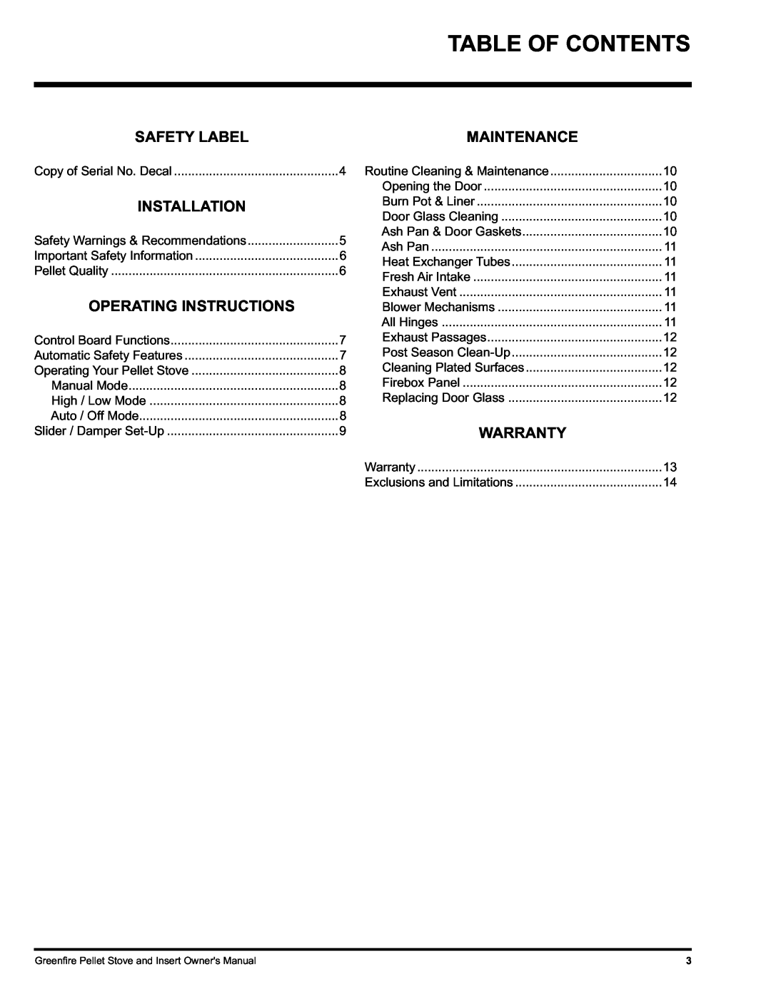 FMI GFI55, GF55 owner manual Table Of Contents, Maintenance, Warranty, Safety Label, Installation, Operating Instructions 
