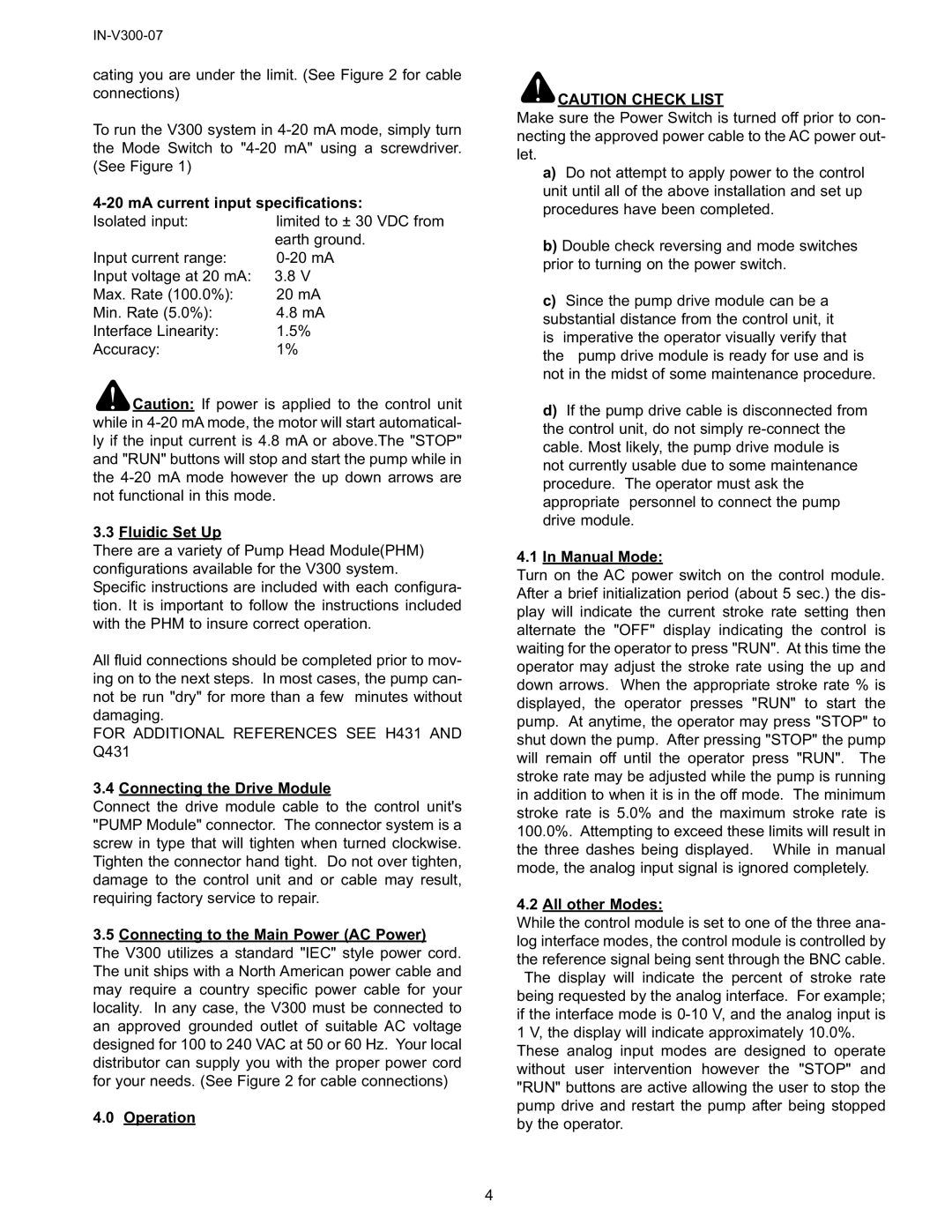 FMI V300 MA current input specifications, Fluidic Set Up, Connecting the Drive Module, Operation, All other Modes 