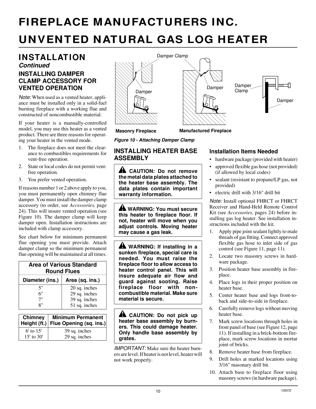 FMI VFN18R, VFN24R, VFN30R Installing Damper Clamp Accessory for Vented Operation, Installing Heater Base Assembly 