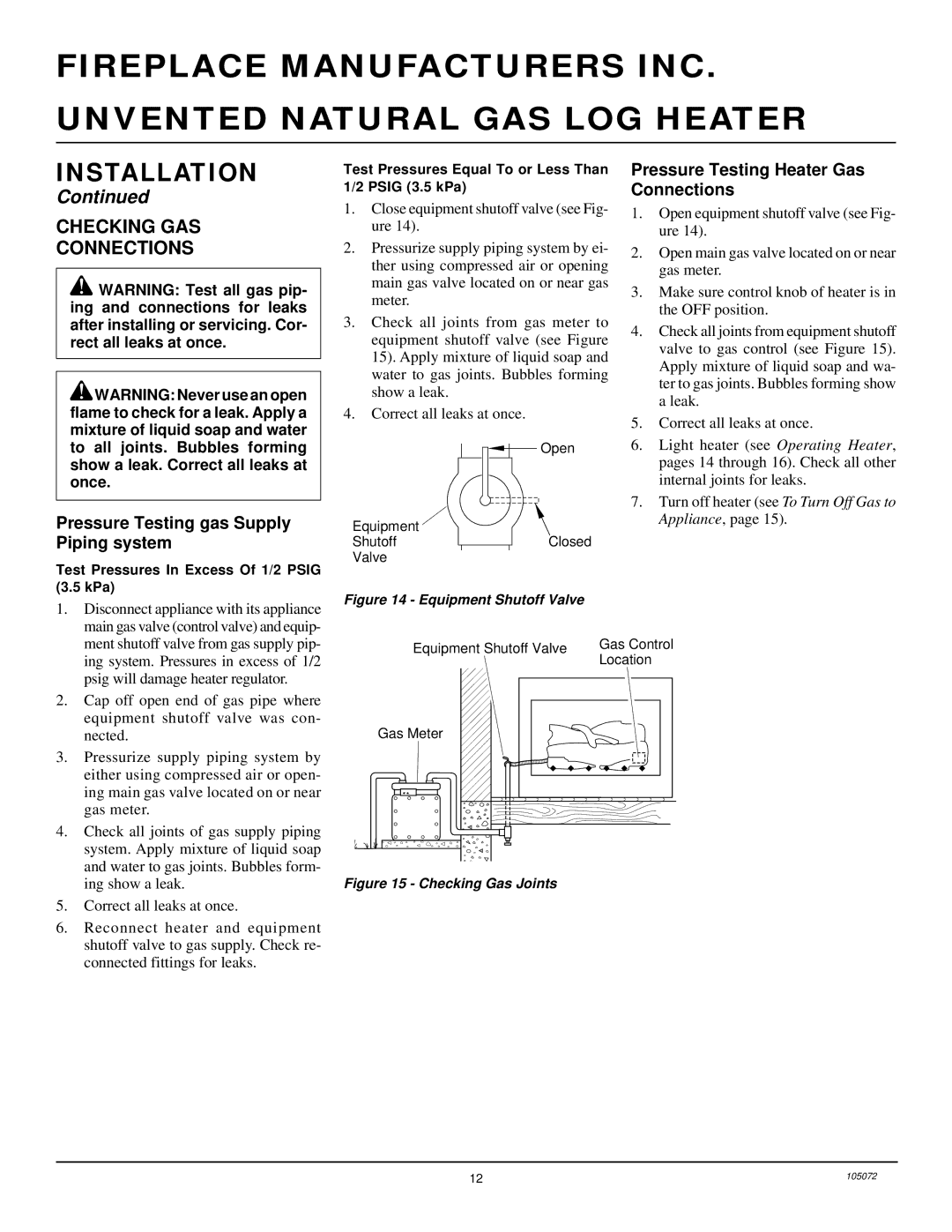 FMI VFN24R Checking GAS Connections, Pressure Testing gas Supply Piping system, Pressure Testing Heater Gas Connections 